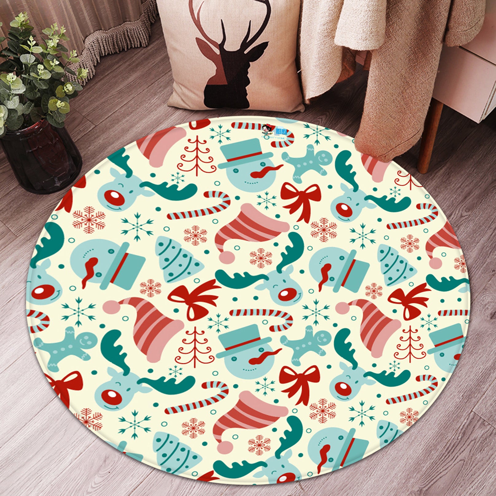 3D Hat Snowman Deer Bow 65226 Christmas Round Non Slip Rug Mat Xmas