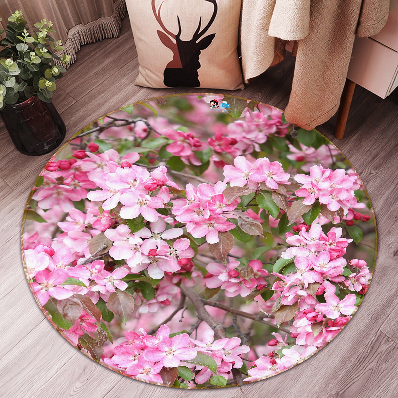 3D Pink Flower 71171 Round Non Slip Rug Mat