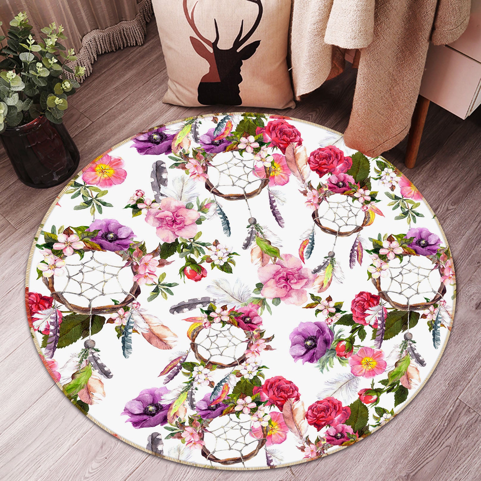 3D Flower Dream Catcher 29068 Round Non Slip Rug Mat