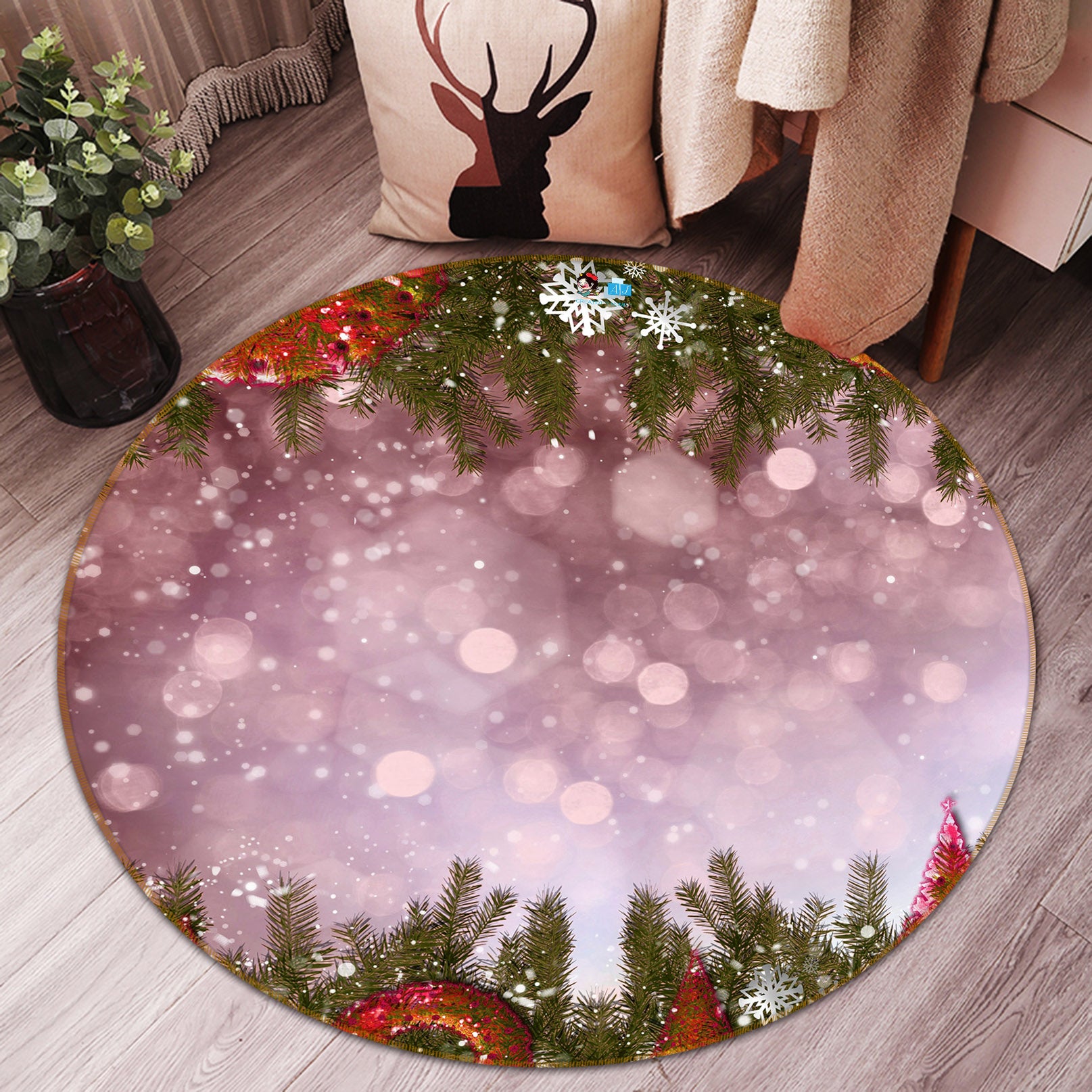 3D Branch Snowflake Light Shadow 54155 Christmas Round Non Slip Rug Mat Xmas