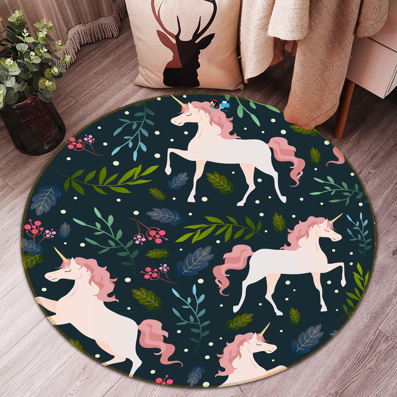 3D Unicorn Pattern 81078 Round Non Slip Rug Mat