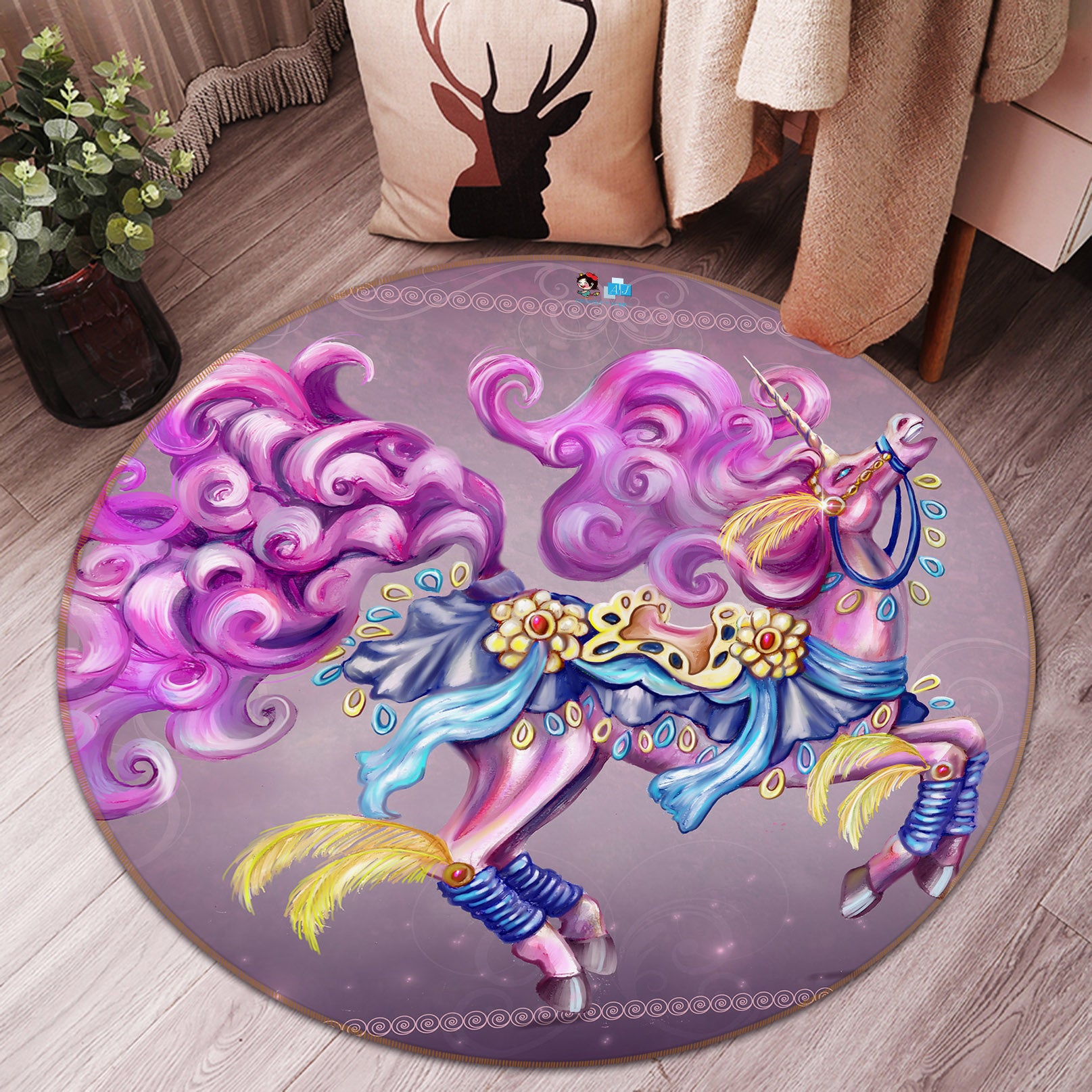 3D Unicorn Pattern 83164 Rose Catherine Khan Rug Round Non Slip Rug Mat