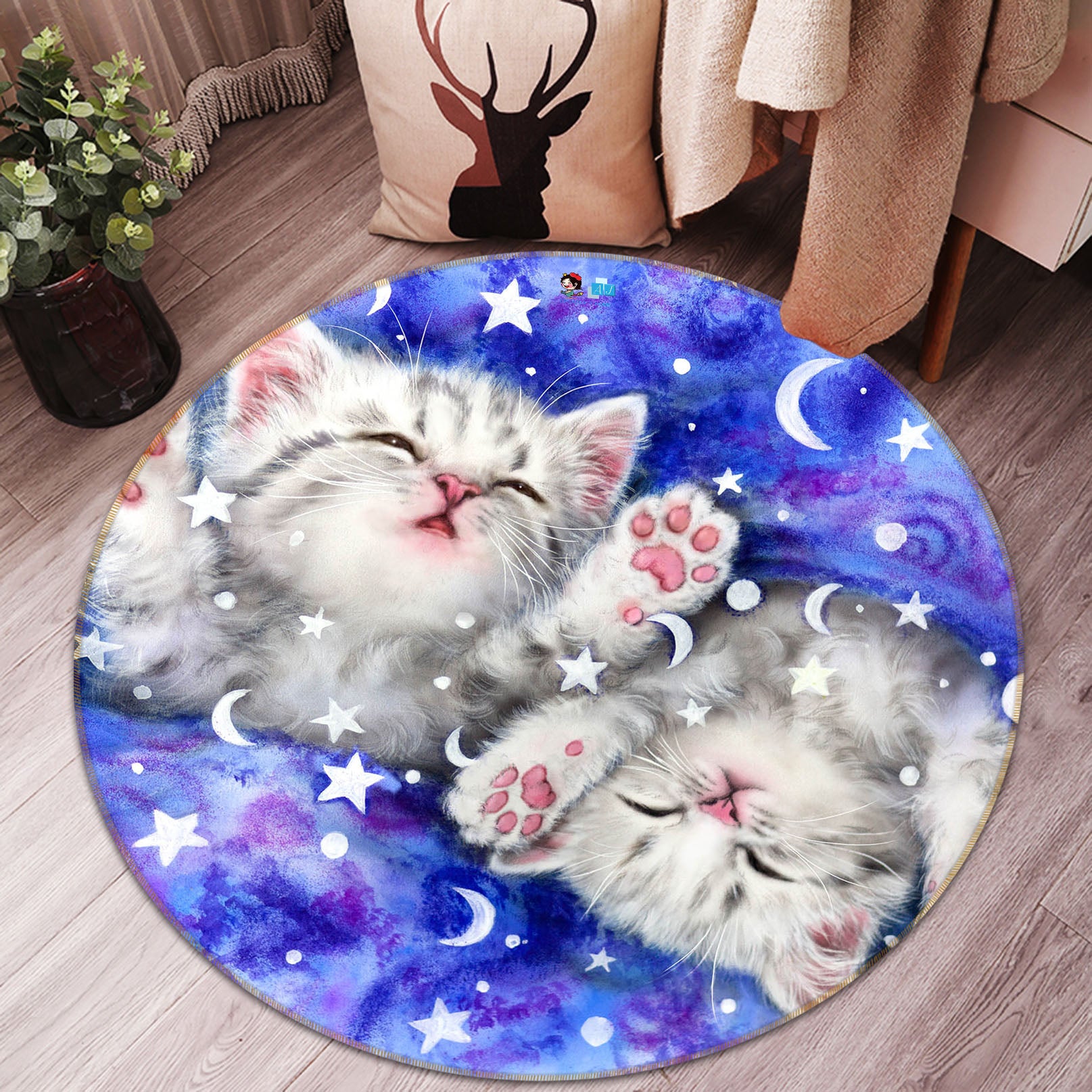 3D Moon Star Cat 6069 Kayomi Harai Rug Round Non Slip Rug Mat