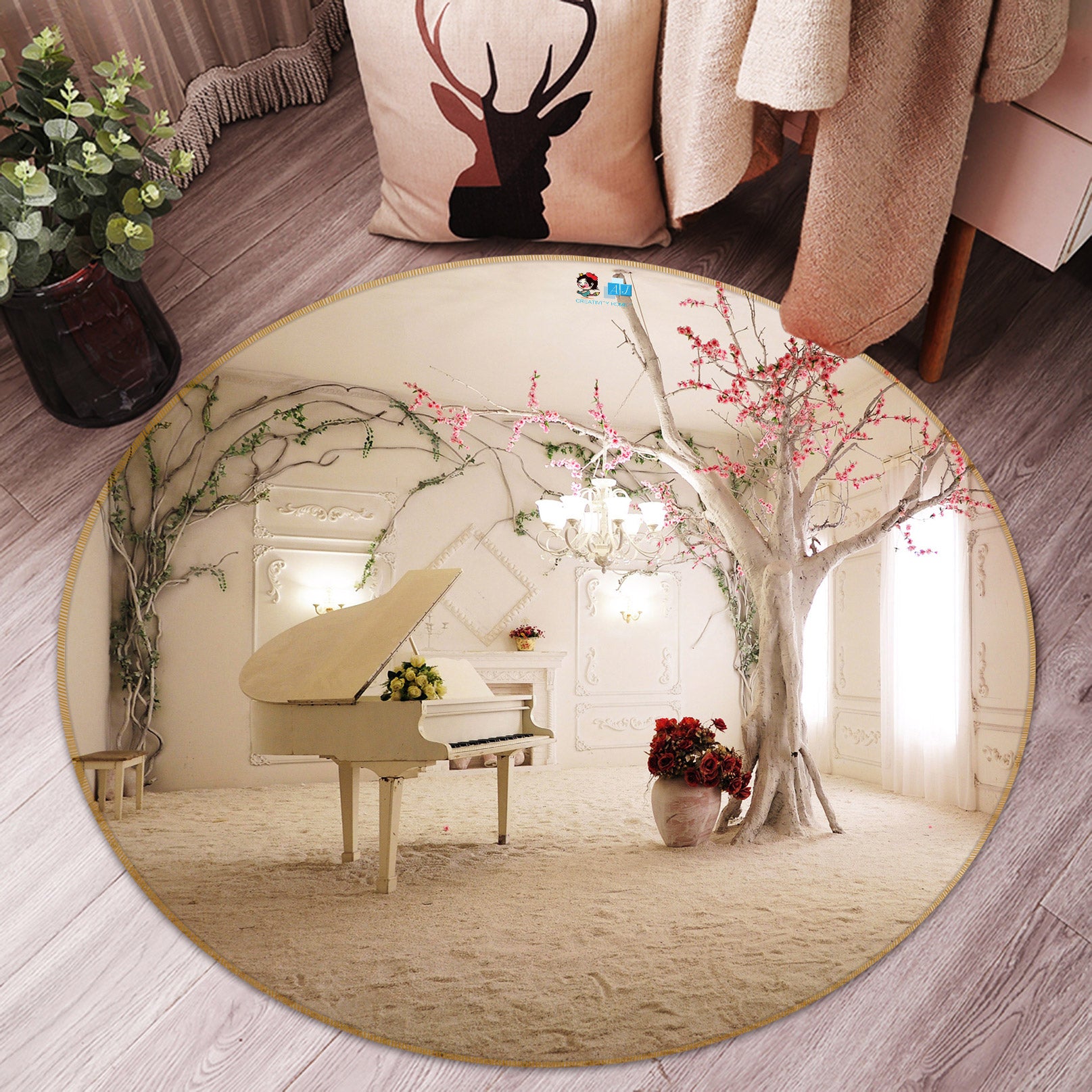 3D Piano Trees 80286 Round Non Slip Rug Mat