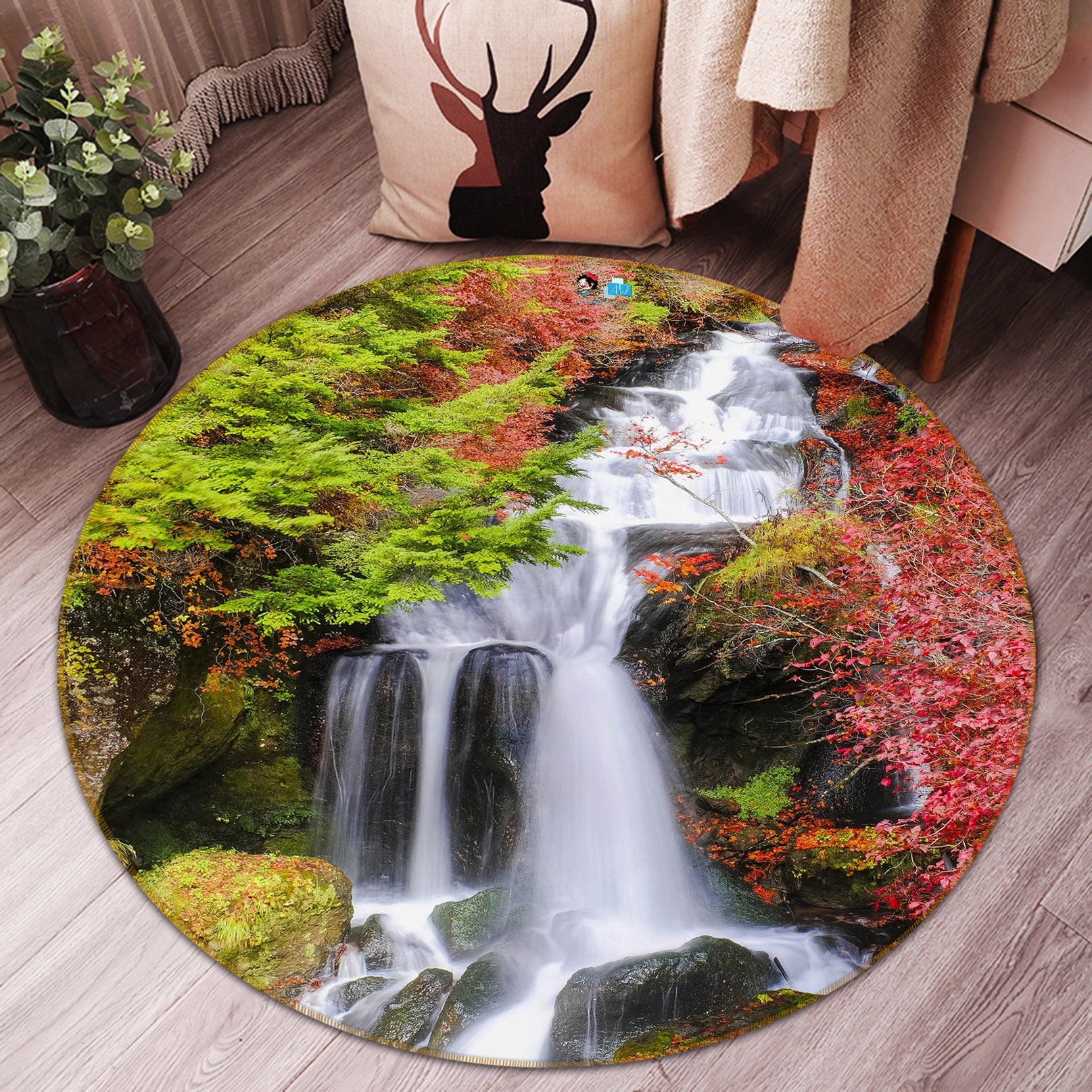 3D Mountain Waterfall 69093 Round Non Slip Rug Mat