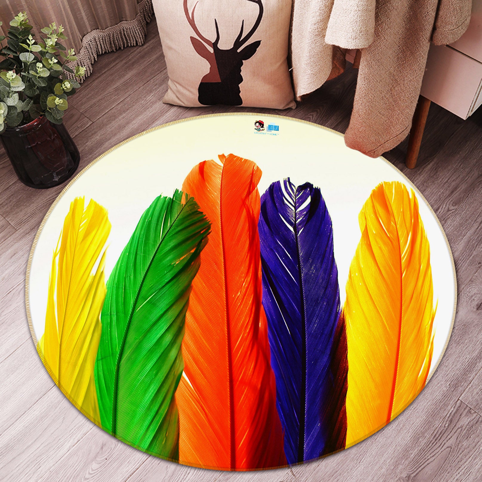 3D Colored Feathers 74012 Round Non Slip Rug Mat