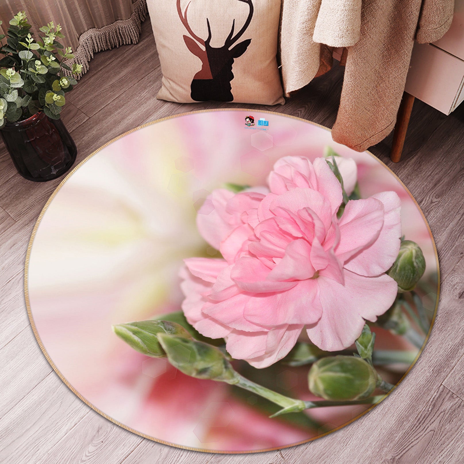 3D Pink Flowers 72074 Round Non Slip Rug Mat
