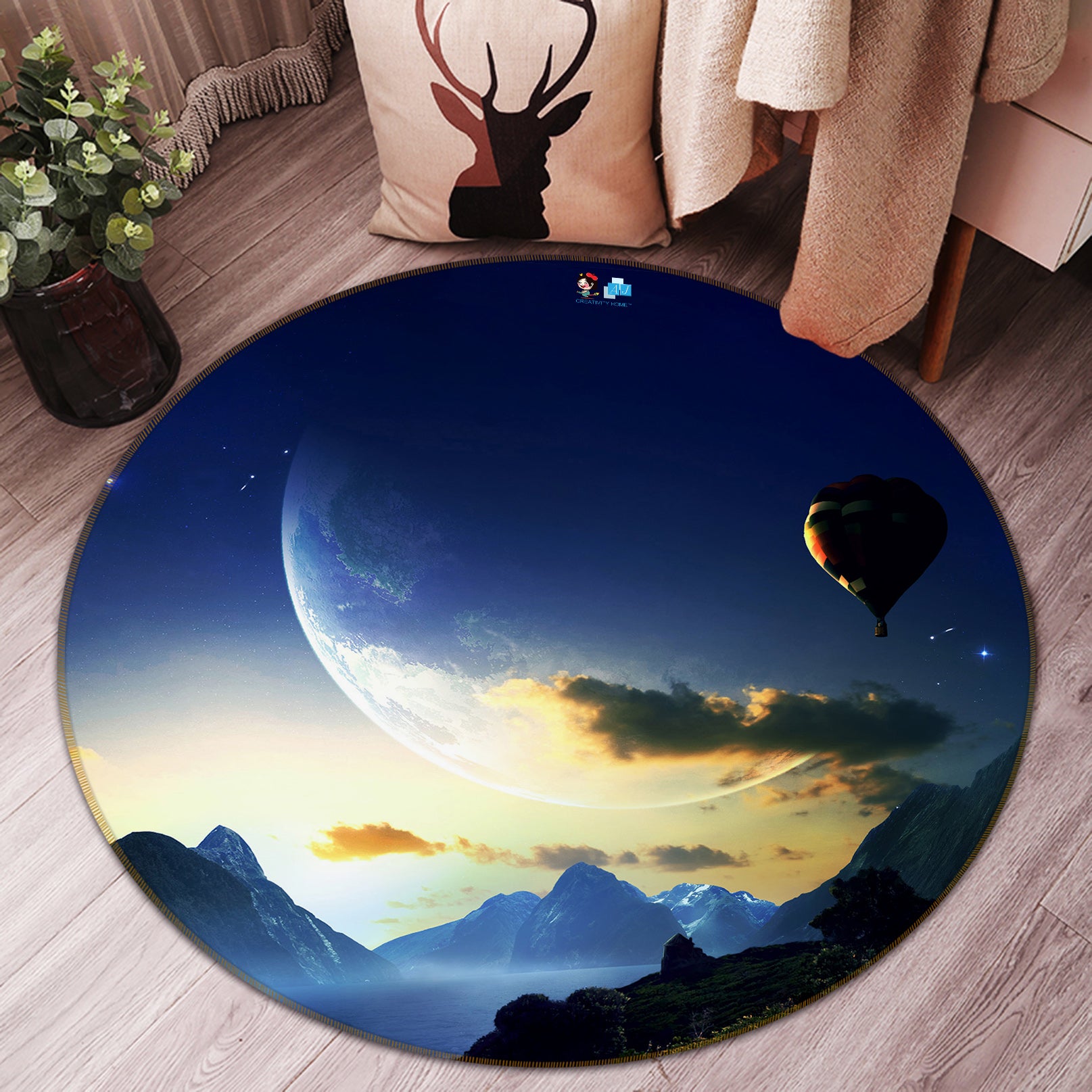 3D Moon Sky Hot Air Balloon 74088 Round Non Slip Rug Mat