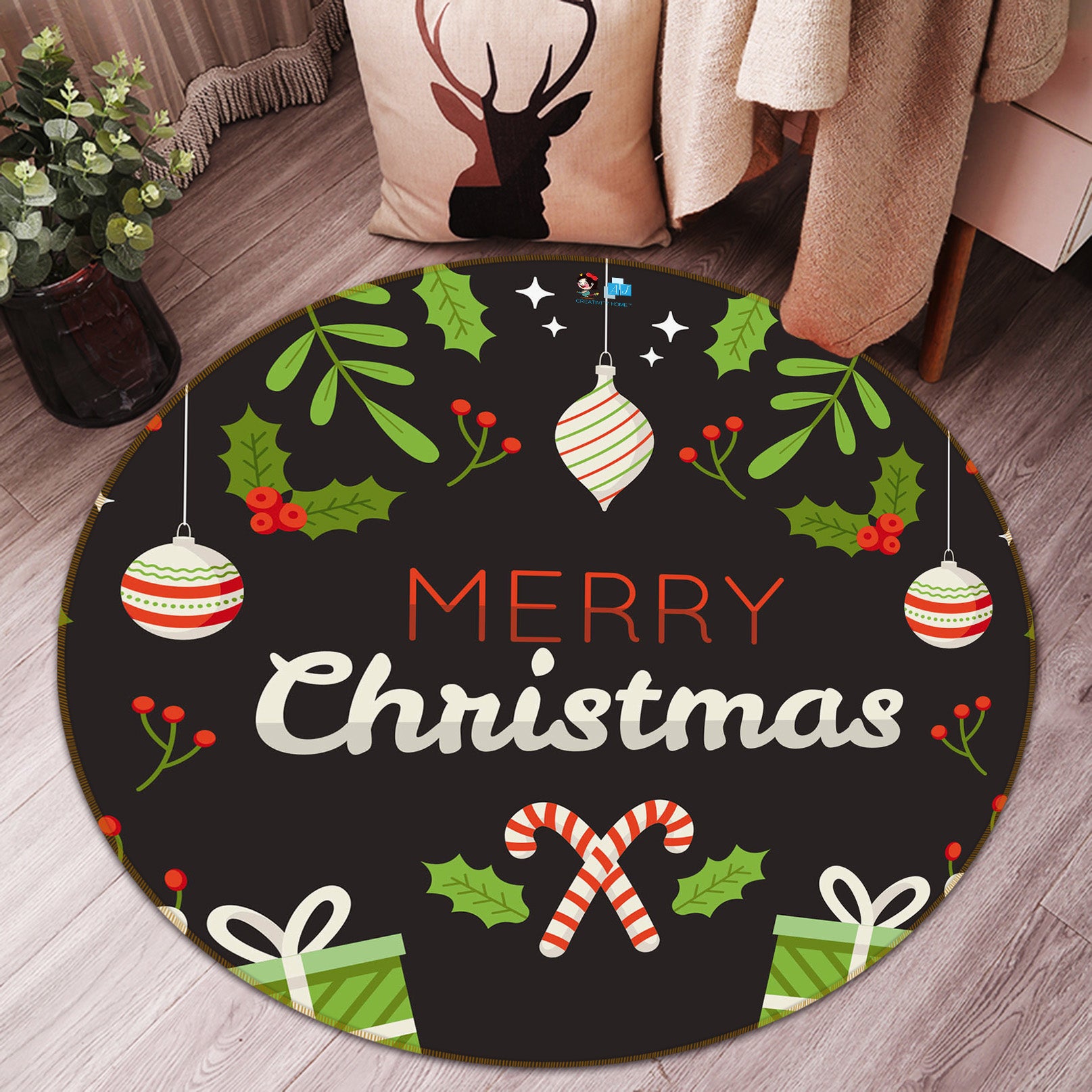 3D Branches Leaves 75129 Round Non Slip Rug Mat