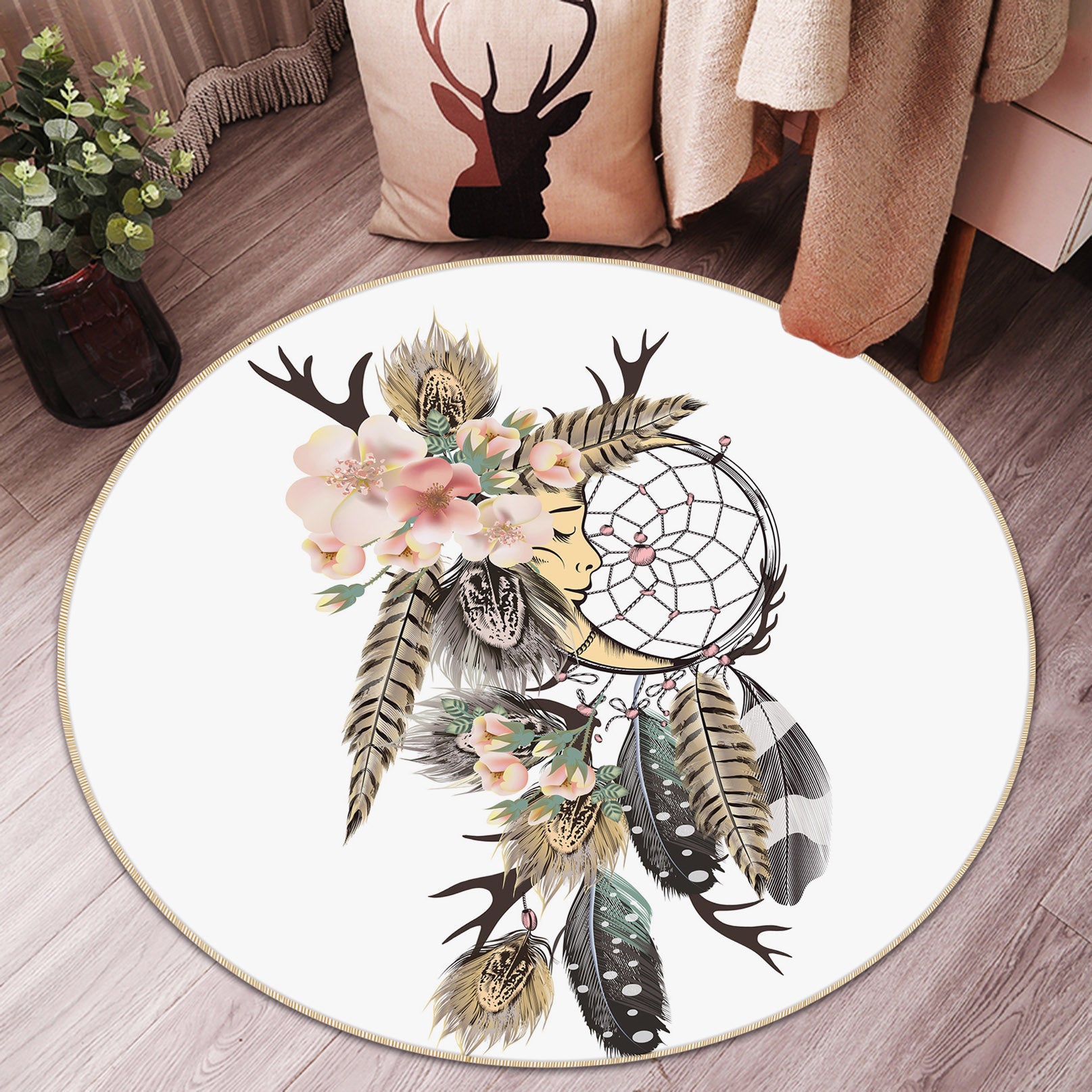 3D Feather Dream Catcher 29047 Round Non Slip Rug Mat