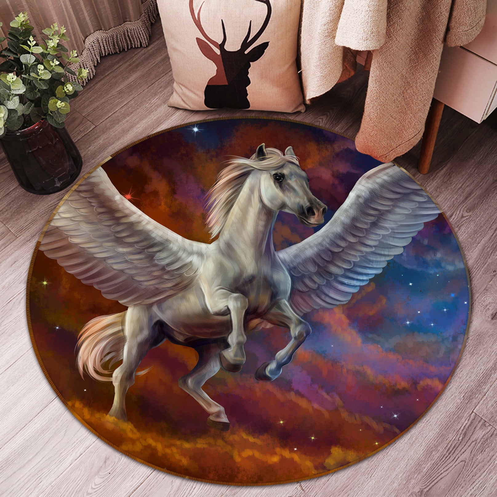 3D White Horse Wings 37164 Animal Round Non Slip Rug Mat