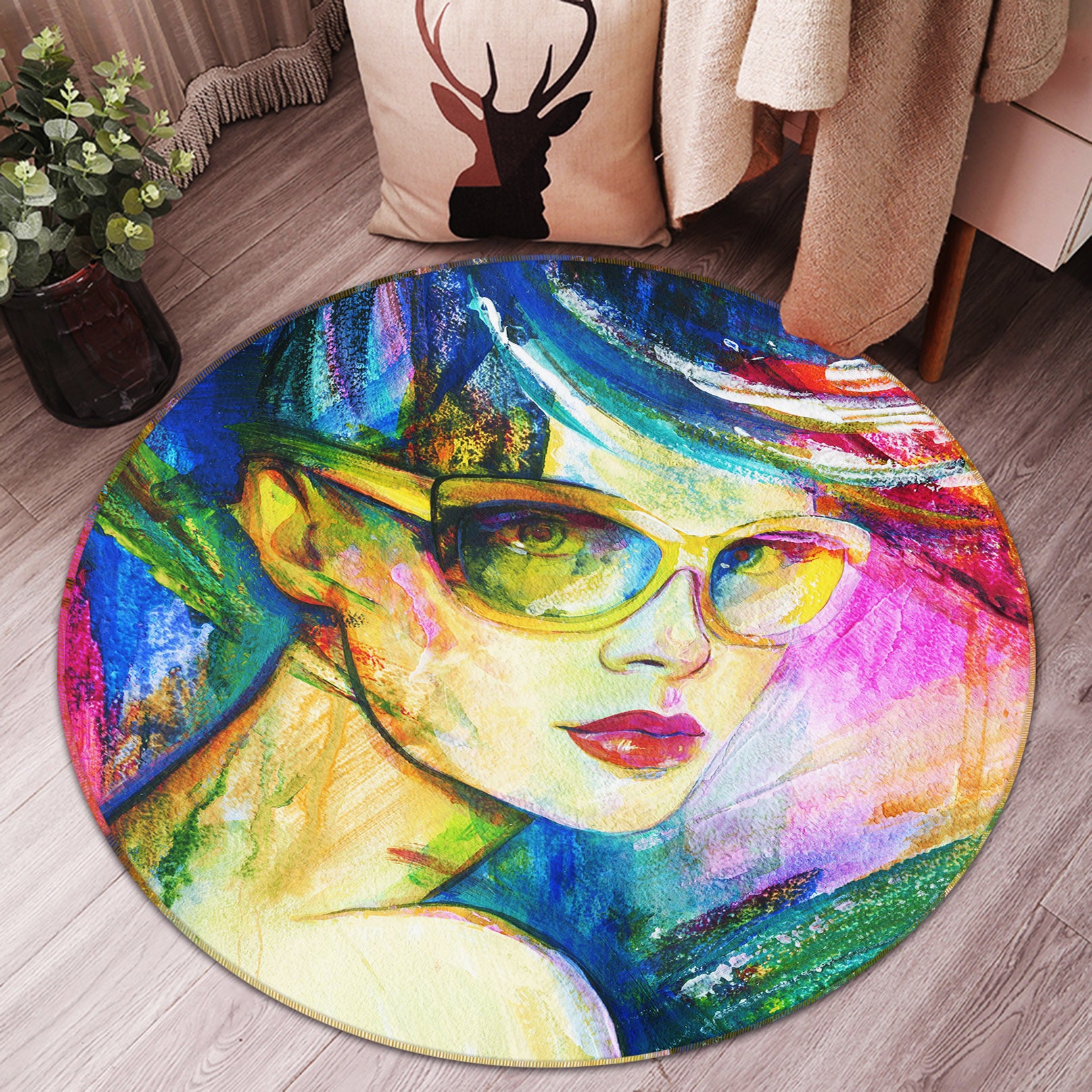 3D Sunglasses Pretty Girl 37021 Round Non Slip Rug Mat