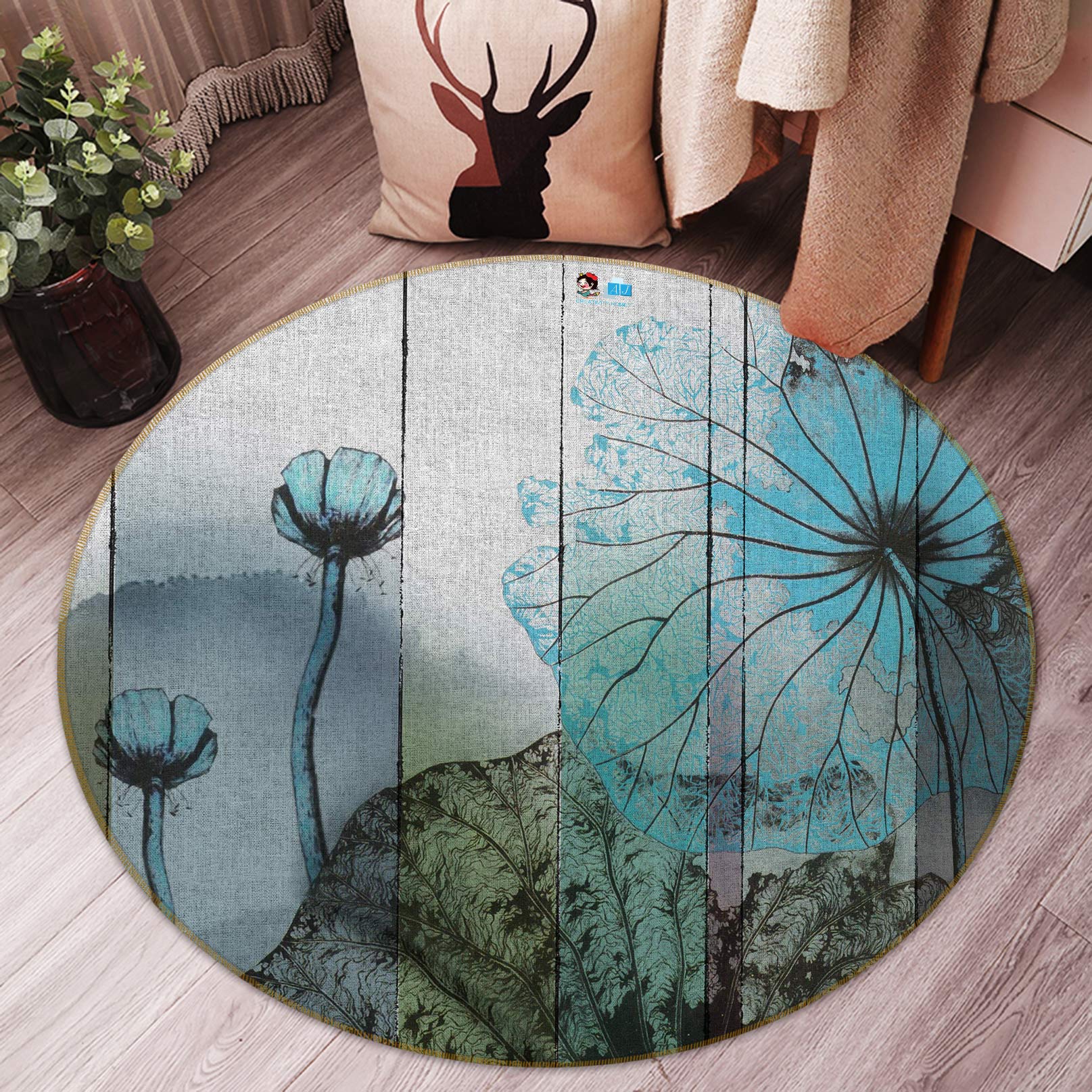 3D Ink Lotus 72270 Round Non Slip Rug Mat