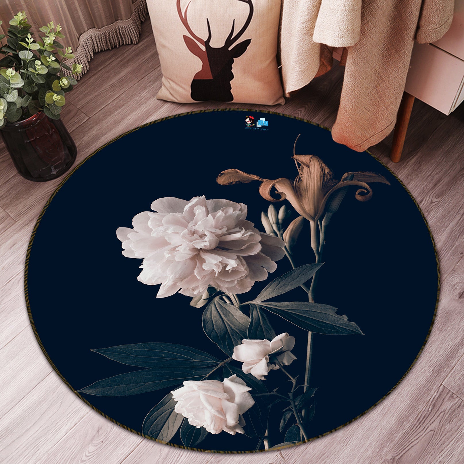 3D White Flowers 71153 Round Non Slip Rug Mat