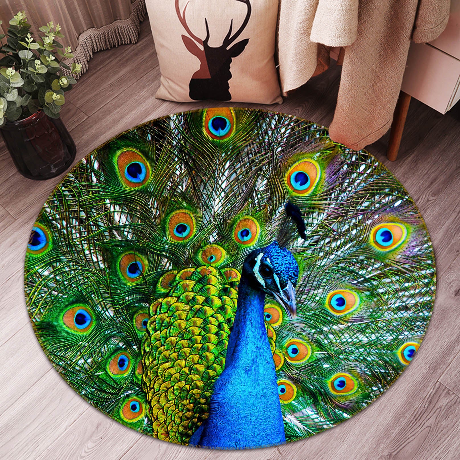 3D Peacock 38010 Animal Round Non Slip Rug Mat