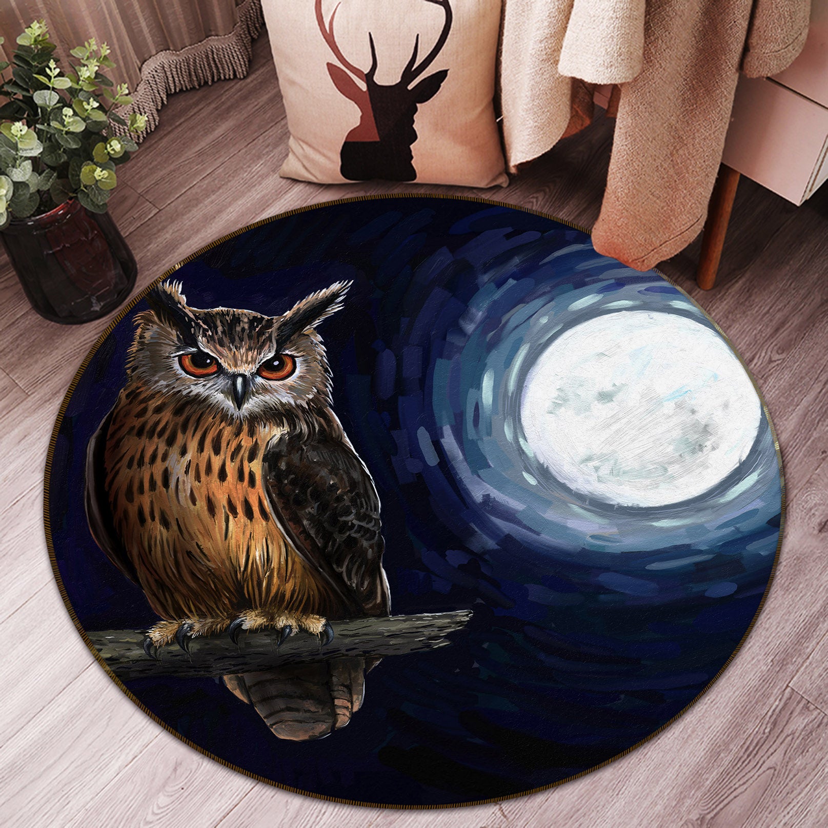 3D Owl Moon 37219 Animal Round Non Slip Rug Mat