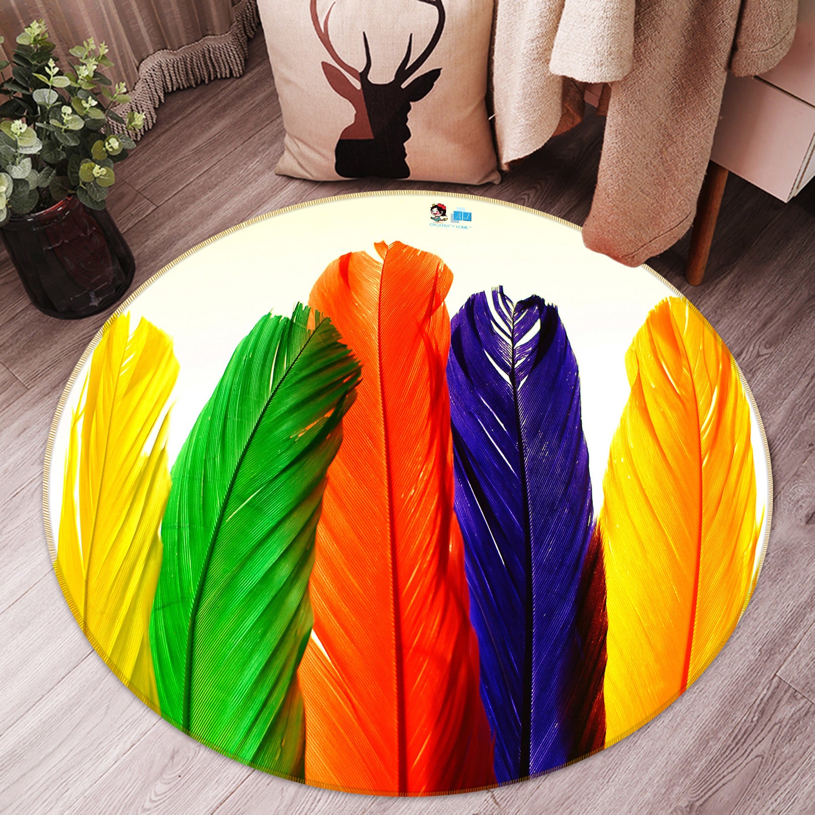 3D Colored Feathers 80248 Round Non Slip Rug Mat