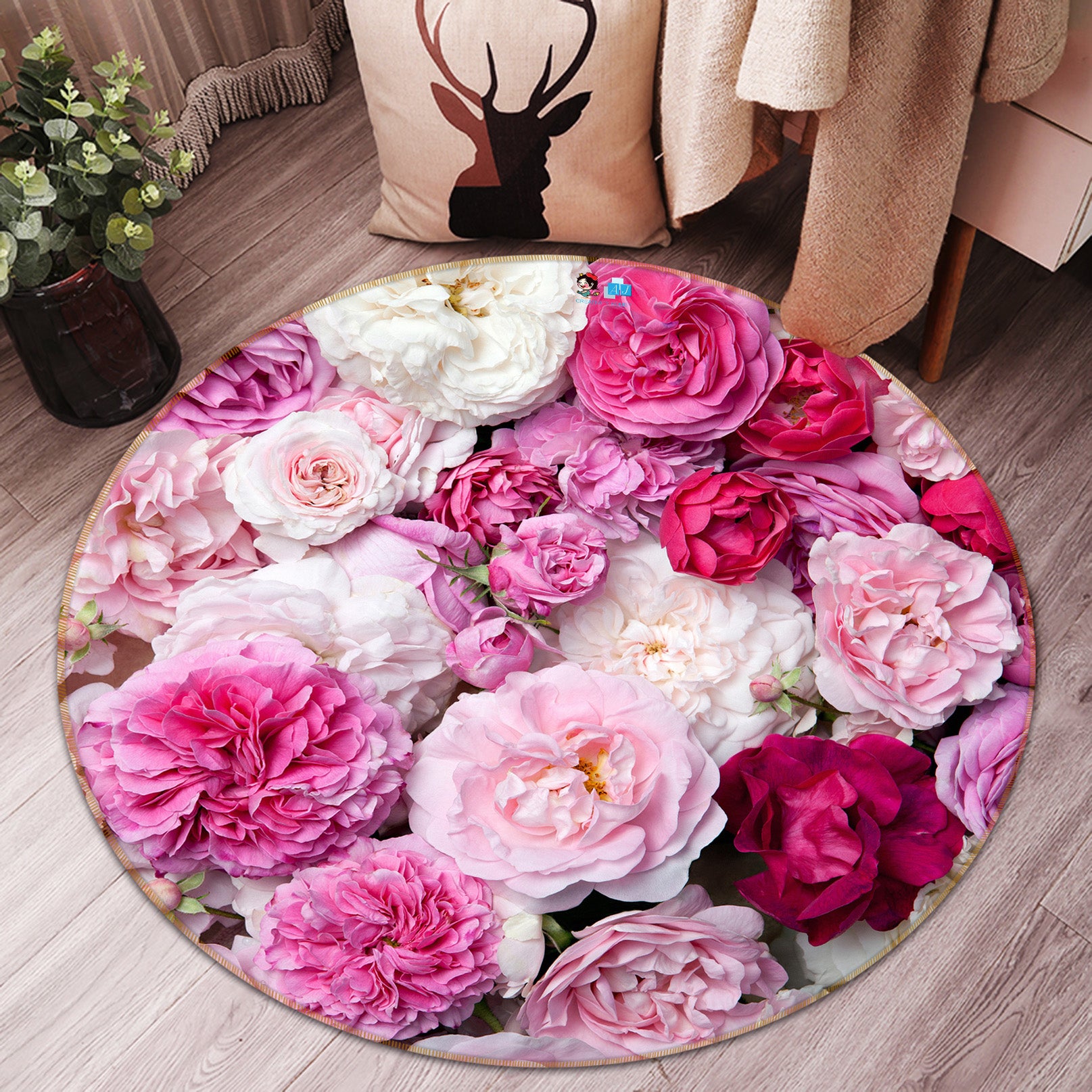 3D Pink Flowers 74140 Round Non Slip Rug Mat