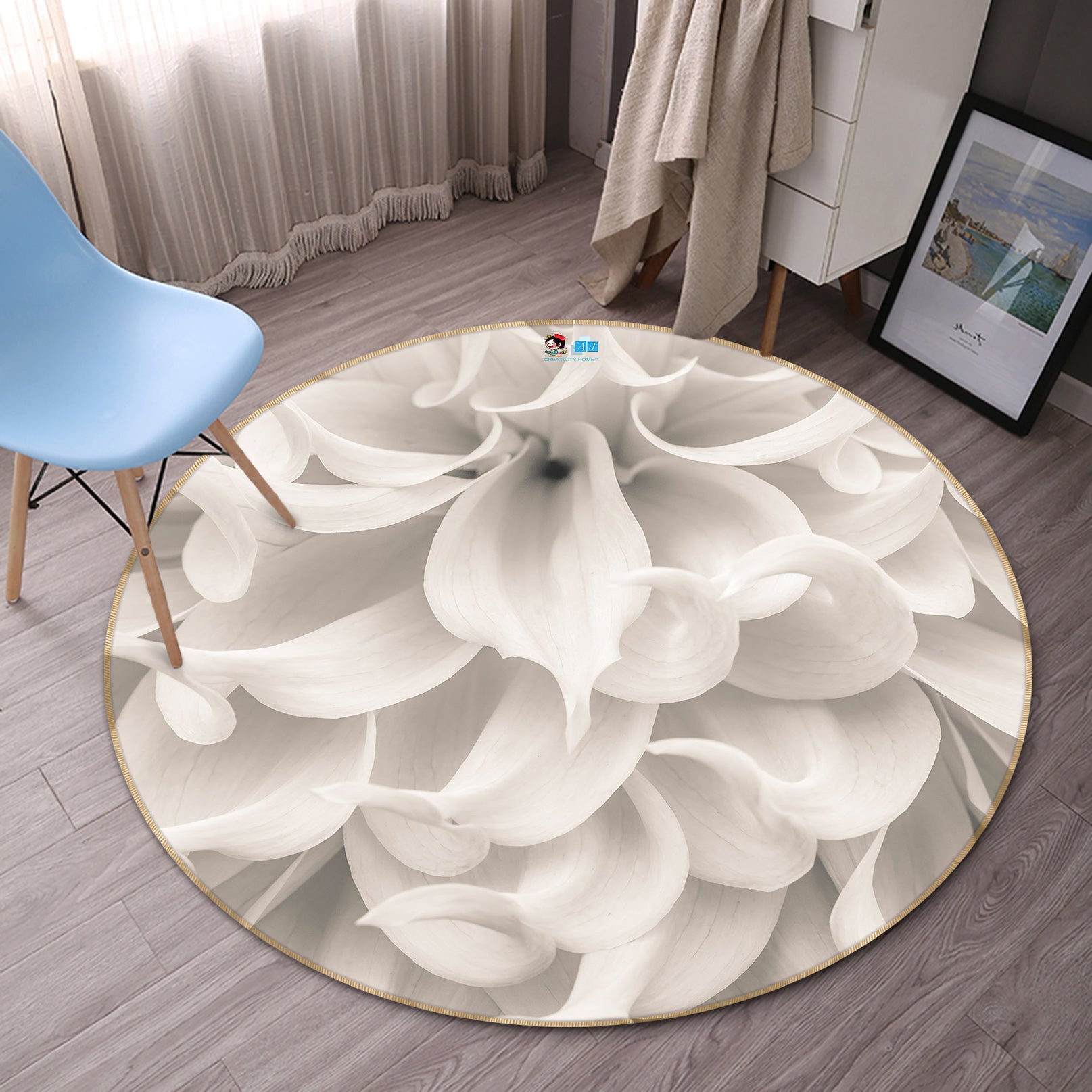 3D White Petal 7412 Assaf Frank Rug Round Non Slip Rug Mat
