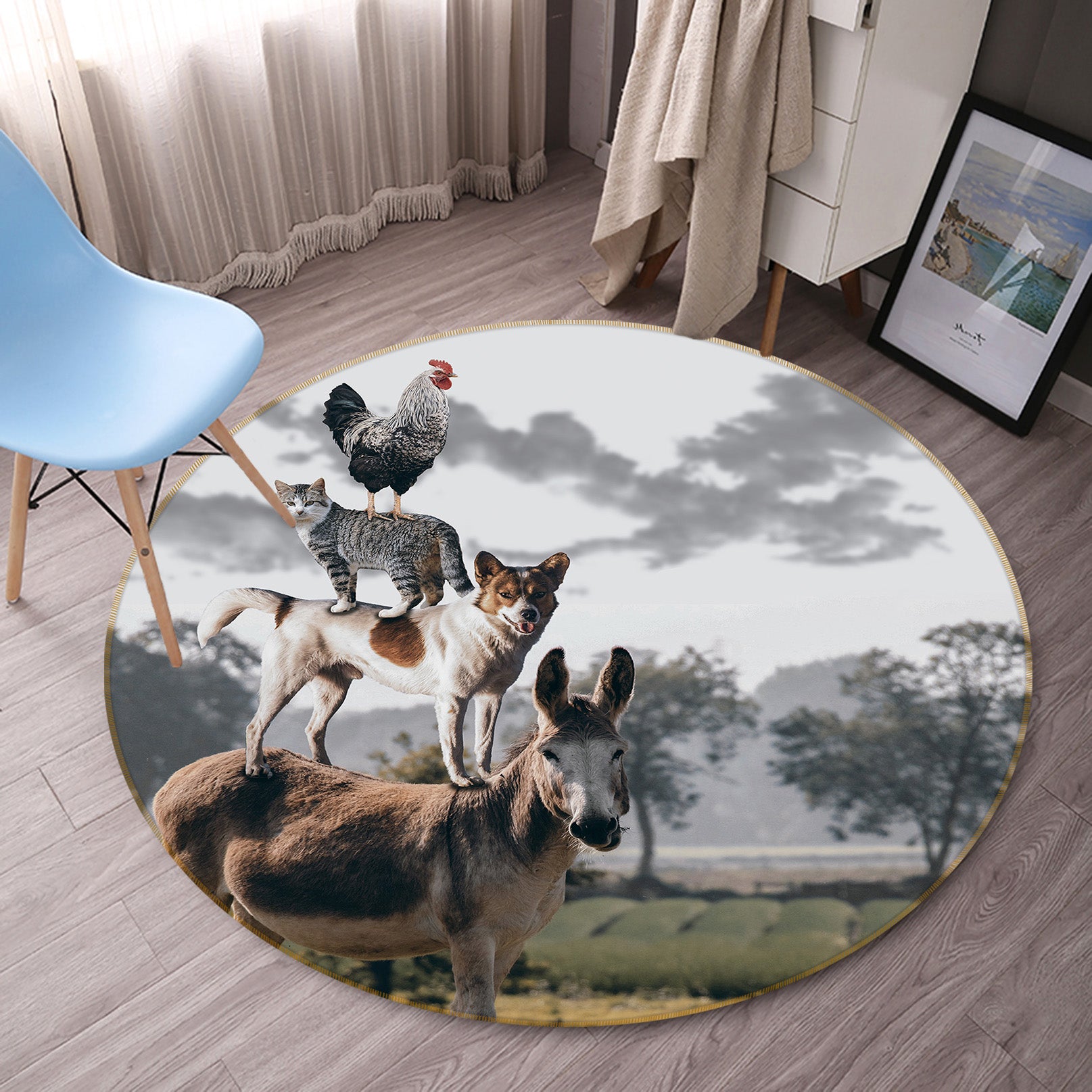 3D Donkey Dog Cat Chicken 37167 Animal Round Non Slip Rug Mat
