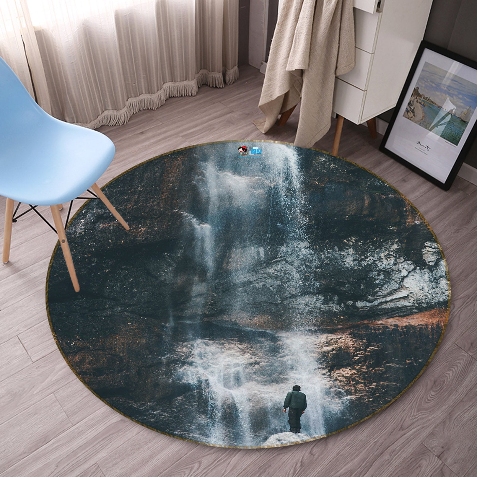 3D Stone Waterfall 69080 Round Non Slip Rug Mat