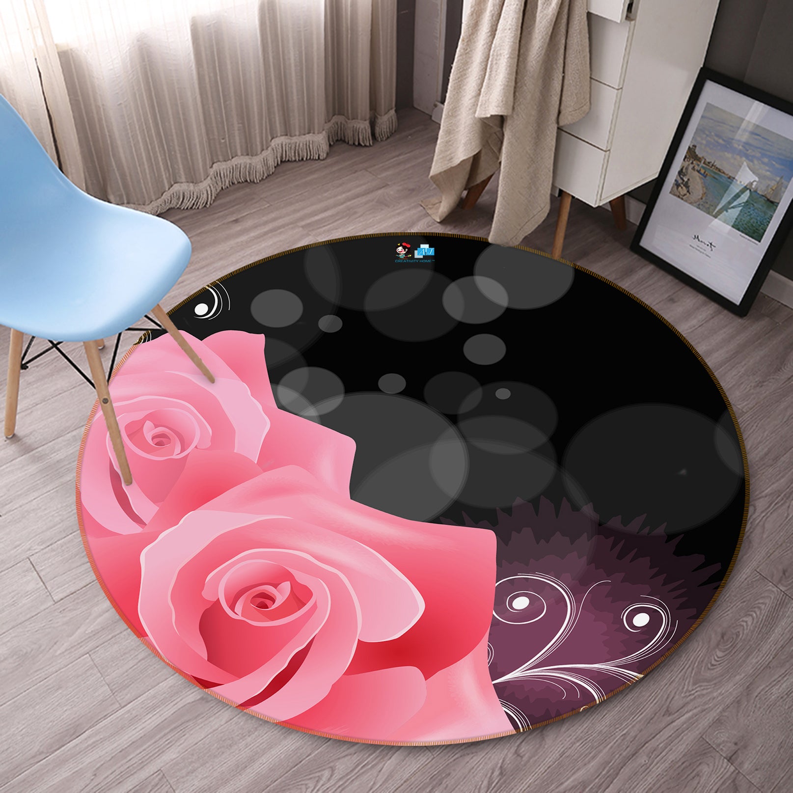 3D Pink Flower 74061 Round Non Slip Rug Mat