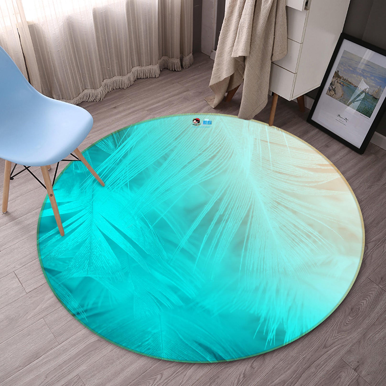 3D Blue Feather 81164 Round Non Slip Rug Mat