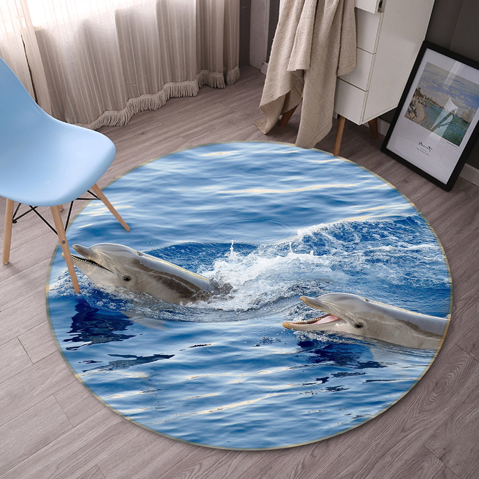 3D Two Dolphins 38016 Animal Round Non Slip Rug Mat