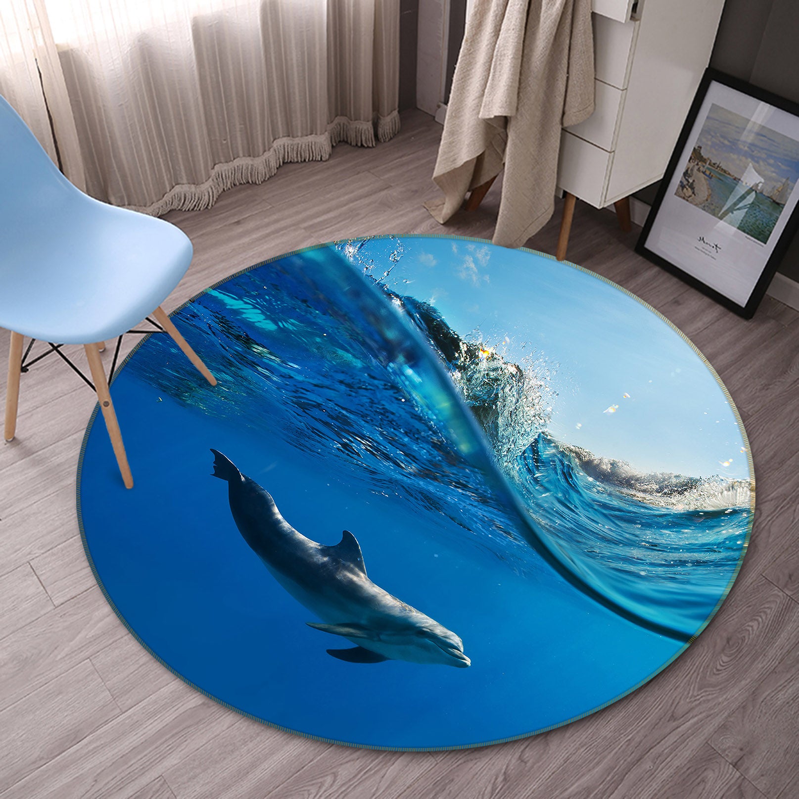 3D Seabed Dolphin 38021 Animal Round Non Slip Rug Mat