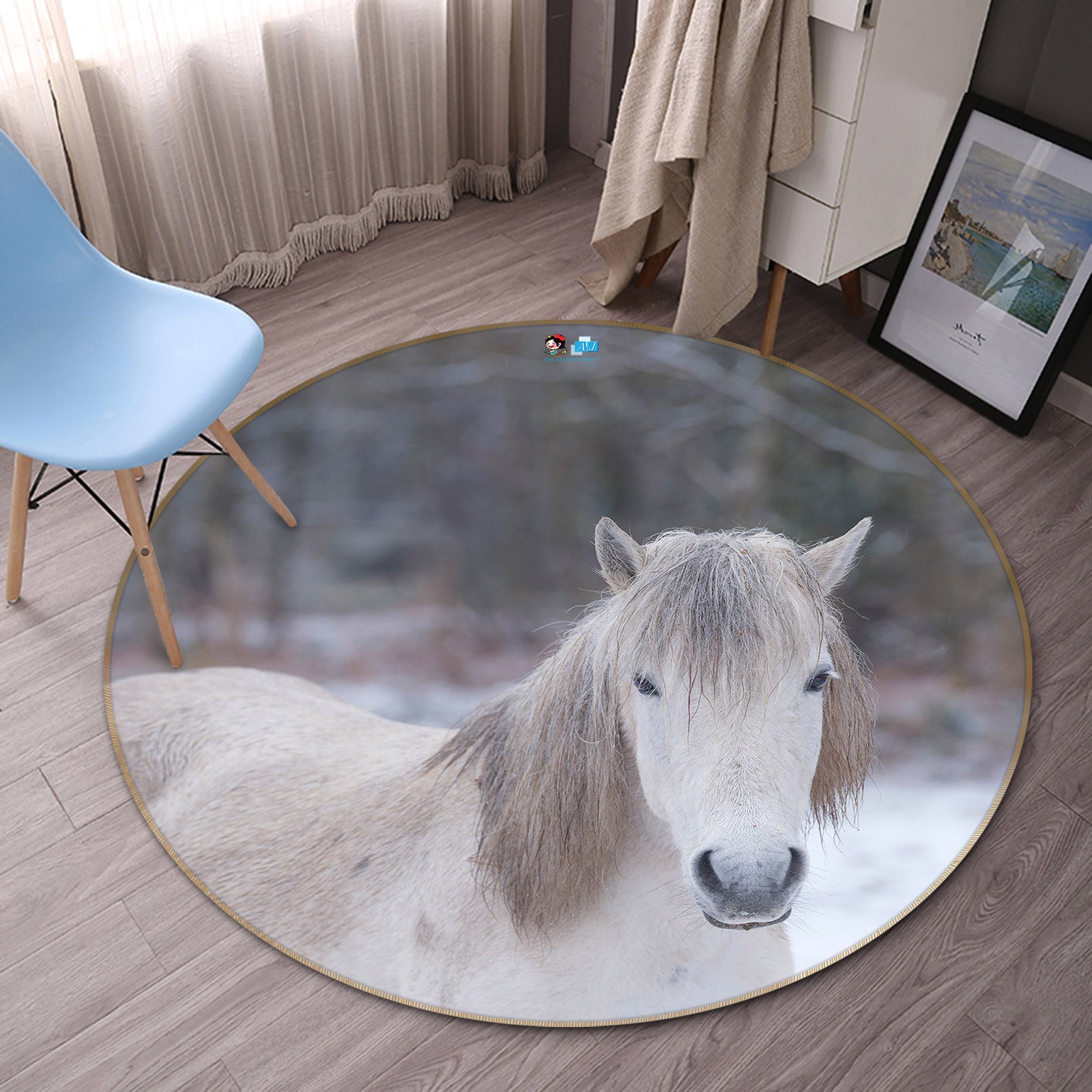 3D White Horse 7391 Assaf Frank Rug Round Non Slip Rug Mat