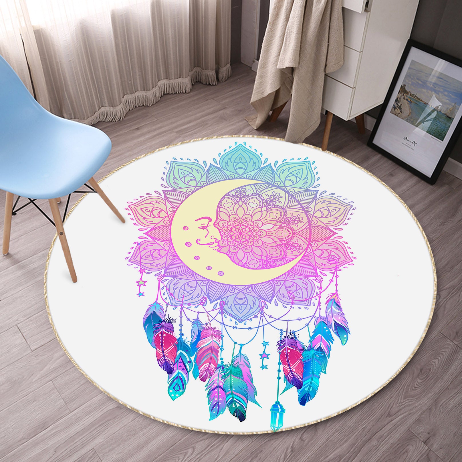3D Moon Dream Catcher 29073 Round Non Slip Rug Mat