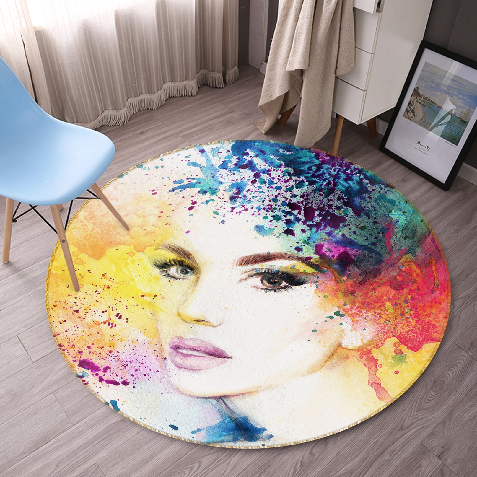 3D Watercolor Beauty 37003 Round Non Slip Rug Mat