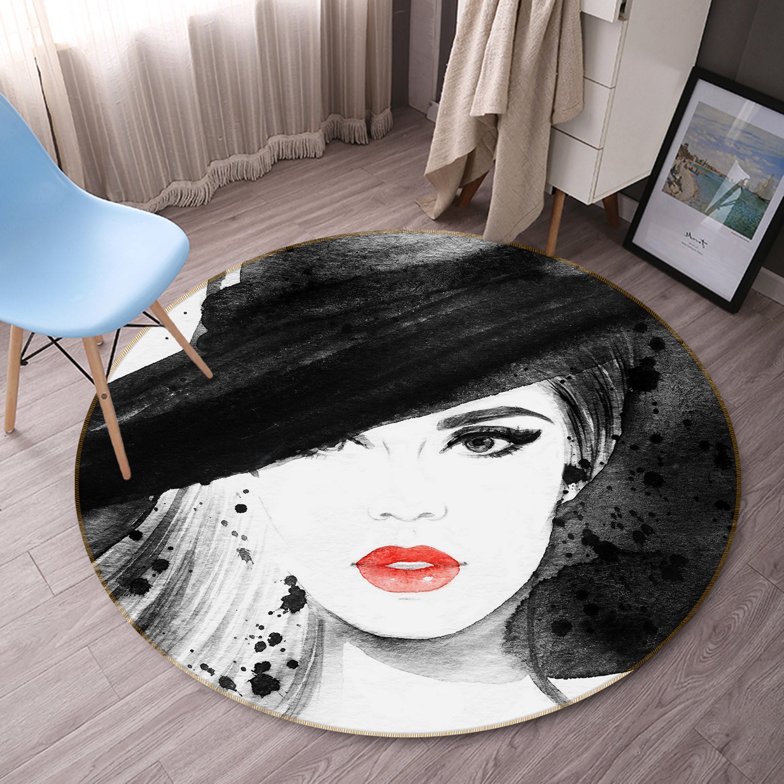 3D Hat Beautiful Female 37024 Round Non Slip Rug Mat