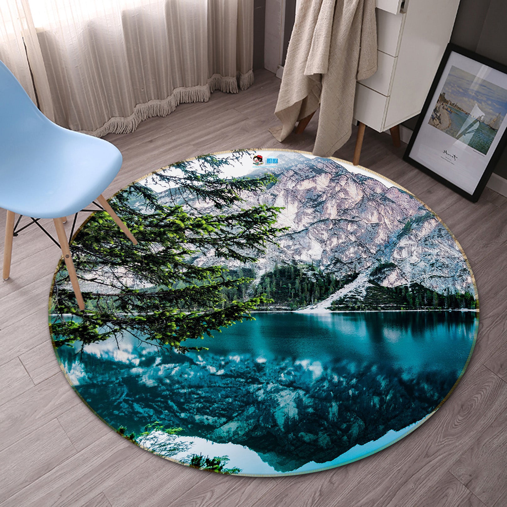3D Mountain Lake 71291 Round Non Slip Rug Mat