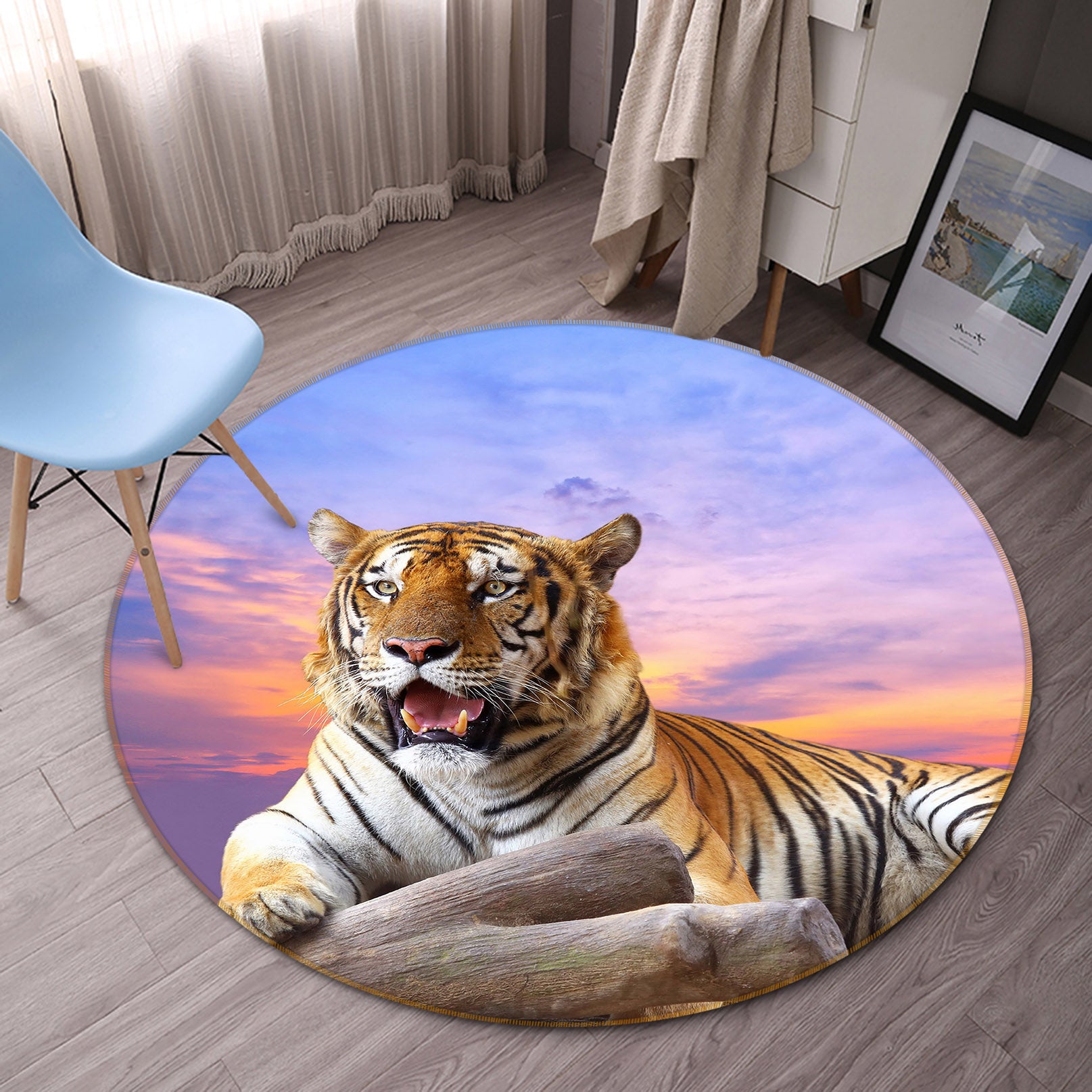 3D Tiger Sky 38070 Animal Round Non Slip Rug Mat