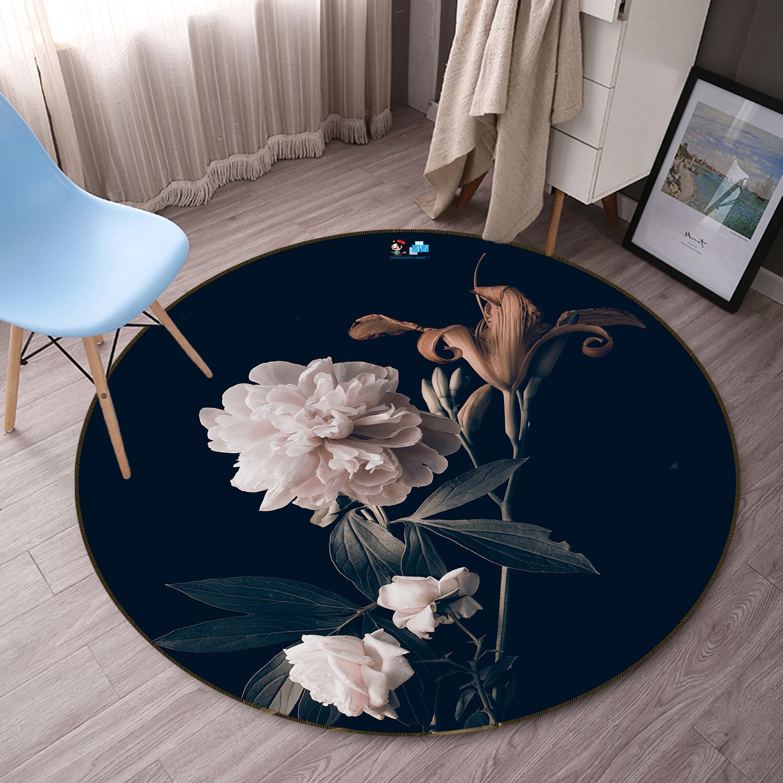 3D White Flowers 71153 Round Non Slip Rug Mat