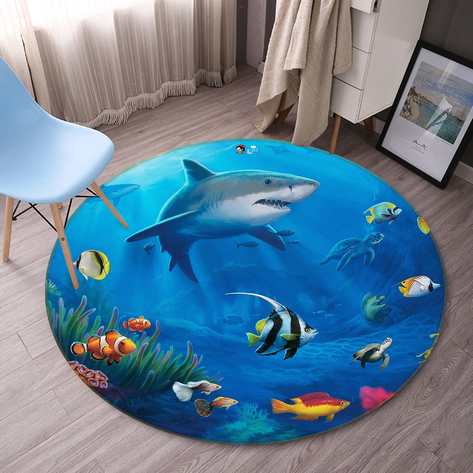 3D Underwater Shark 74028 Round Non Slip Rug Mat