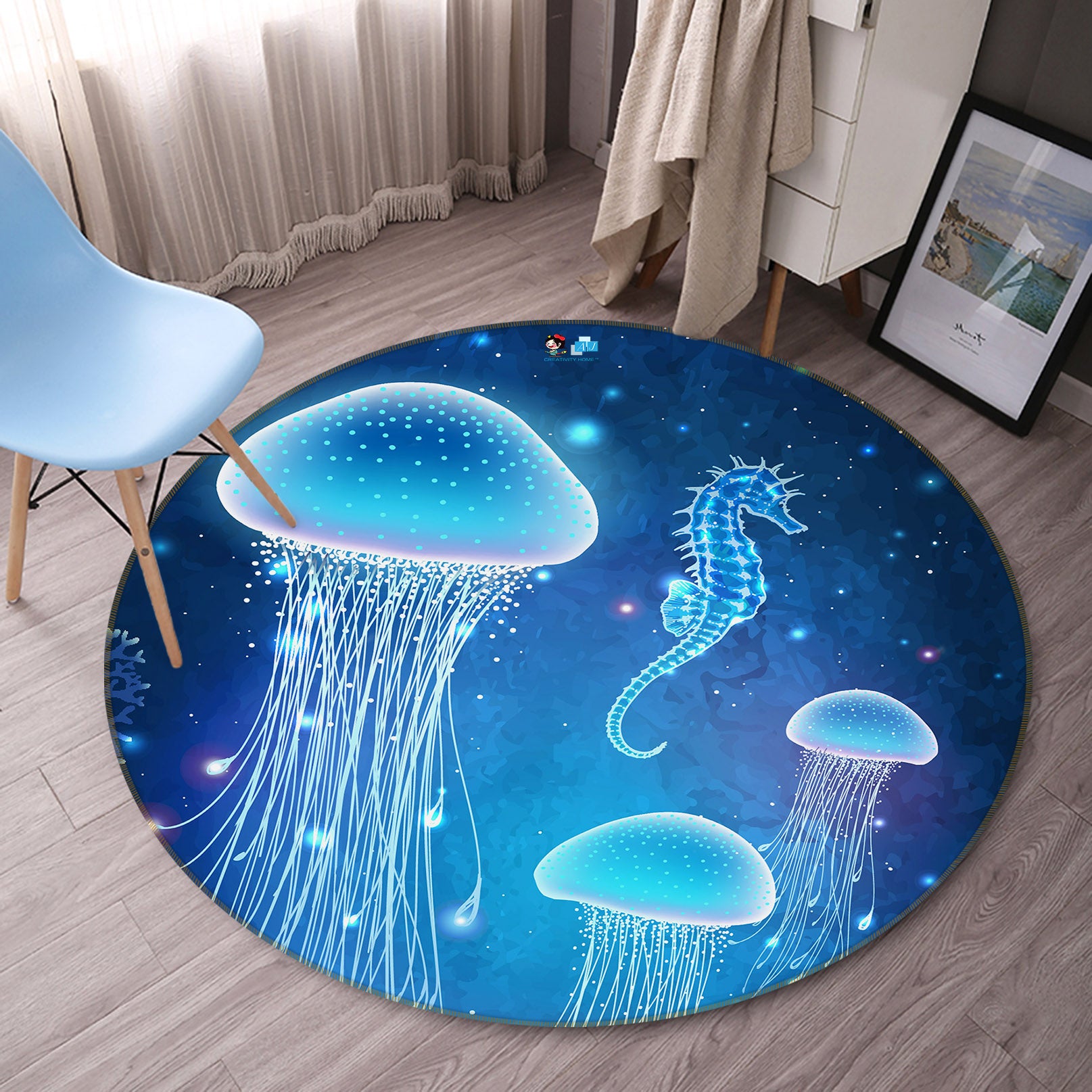 3D Jellyfish Hippocampus 69156 Round Non Slip Rug Mat