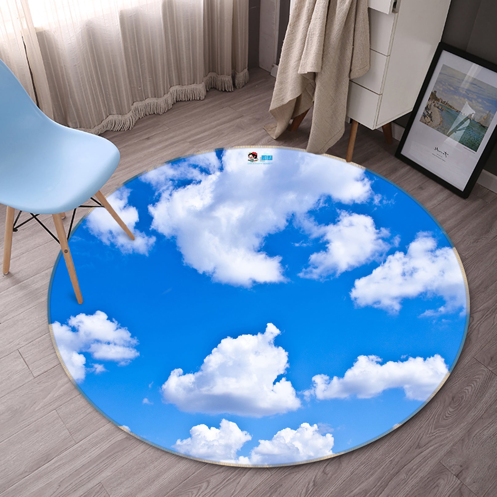 3D Blue Sky White Clouds 80299 Round Non Slip Rug Mat