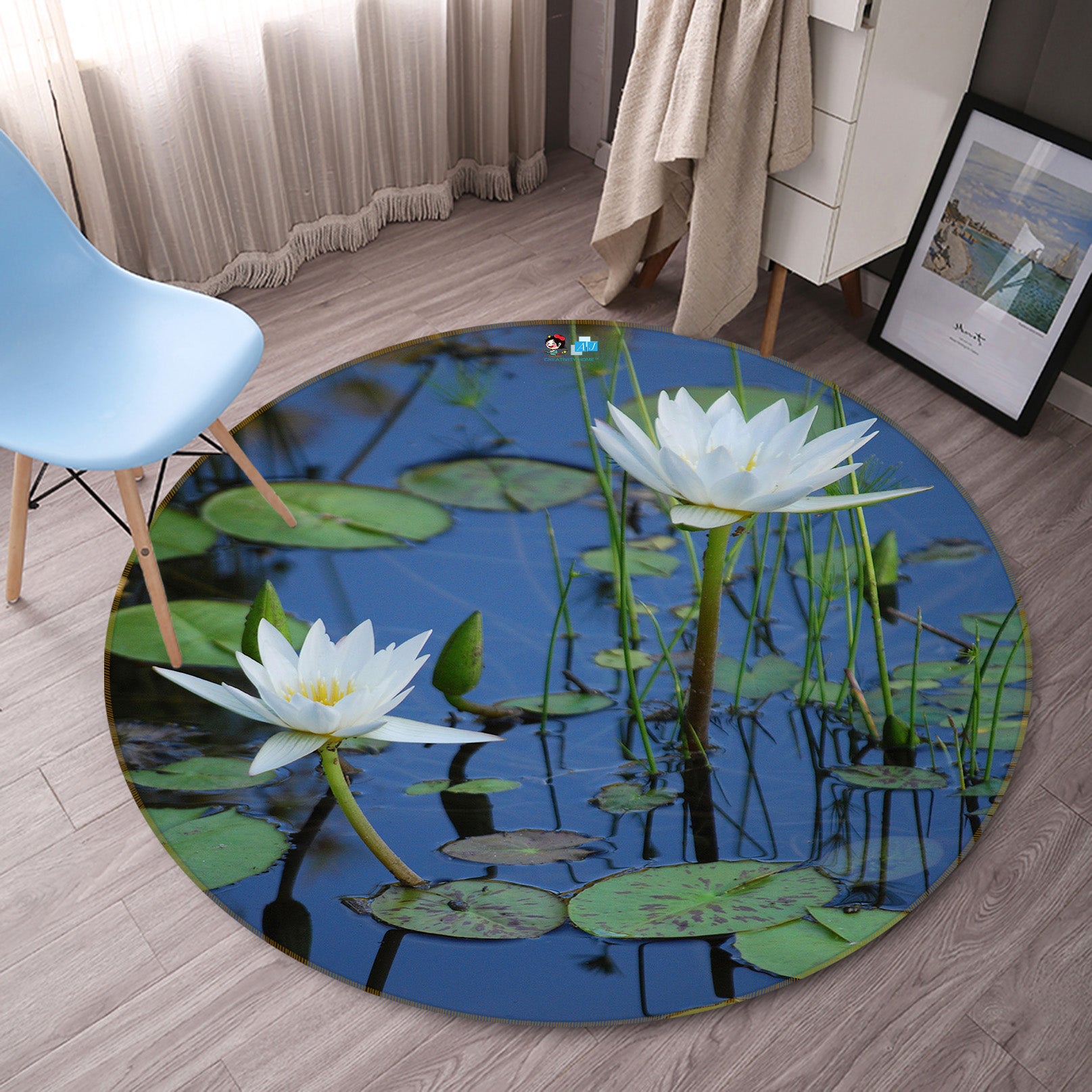 3D White Lotus 71136 Round Non Slip Rug Mat