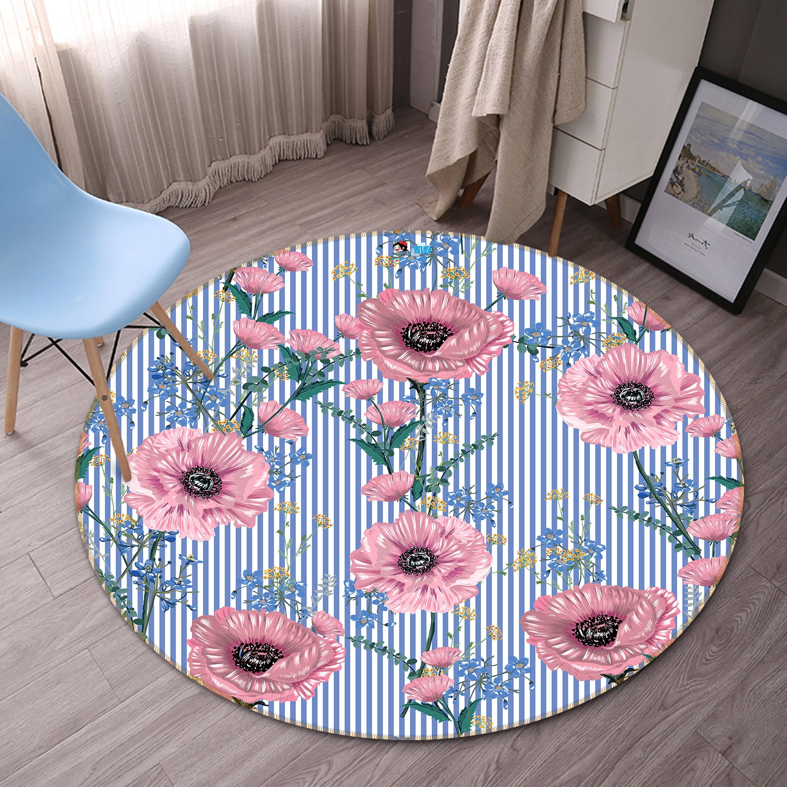 3D Pink Flowers 81068 Round Non Slip Rug Mat
