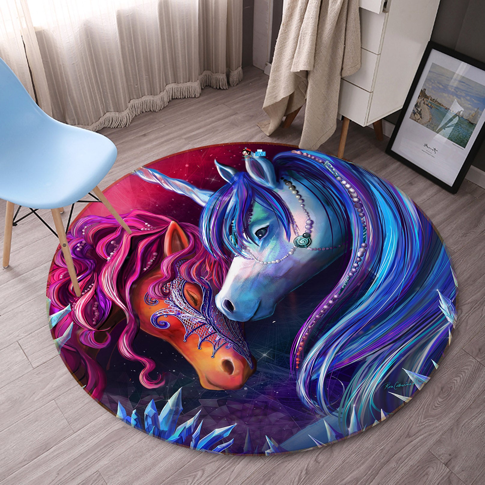 3D Red Blue Unicorn 83156 Rose Catherine Khan Rug Round Non Slip Rug Mat