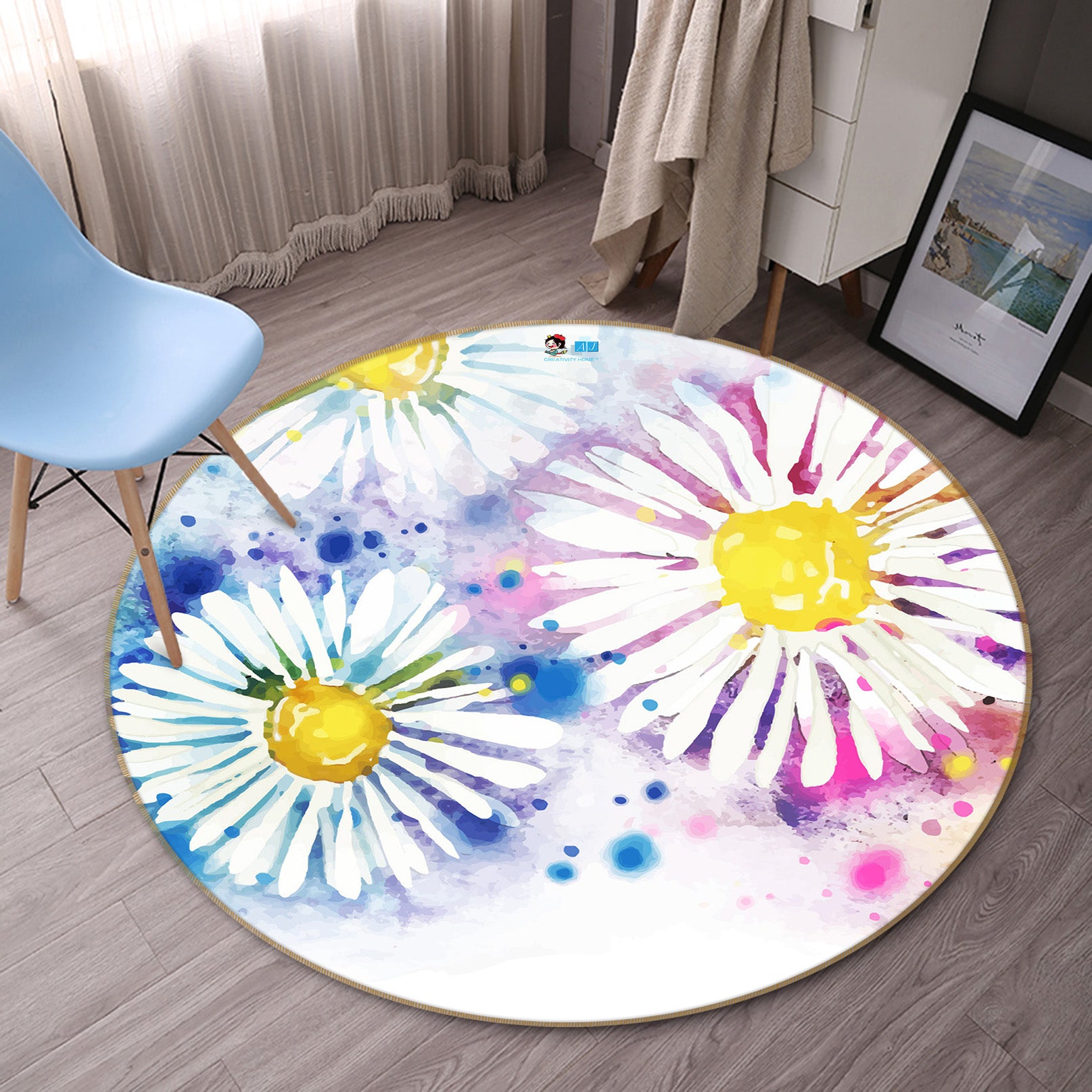 3D Chrysanthemum 71270 Round Non Slip Rug Mat