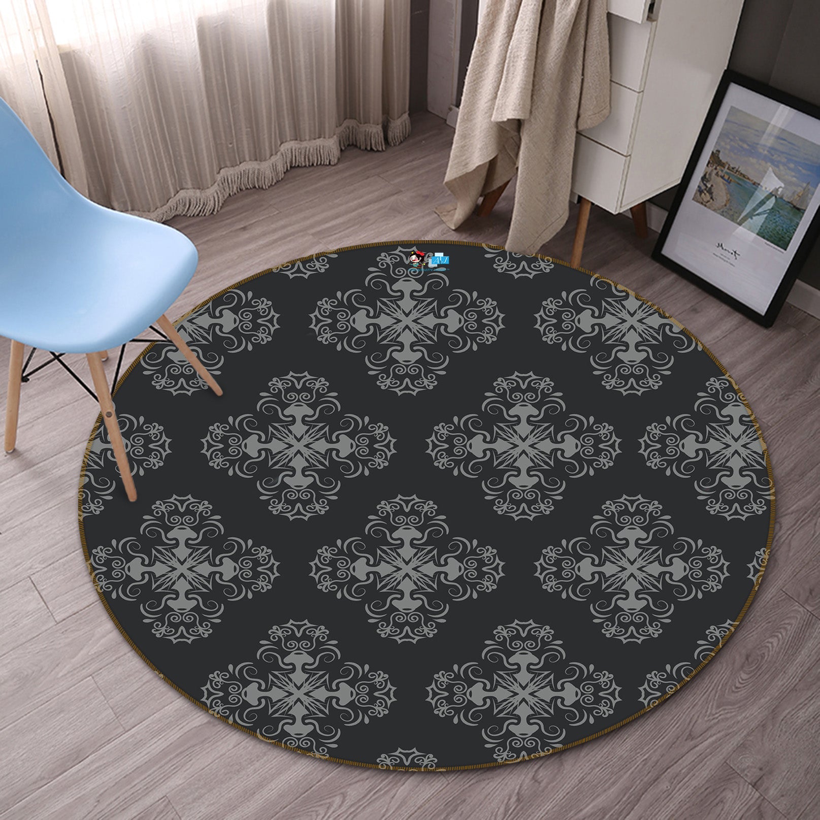 3D Black Texture 64110 Round Non Slip Rug Mat