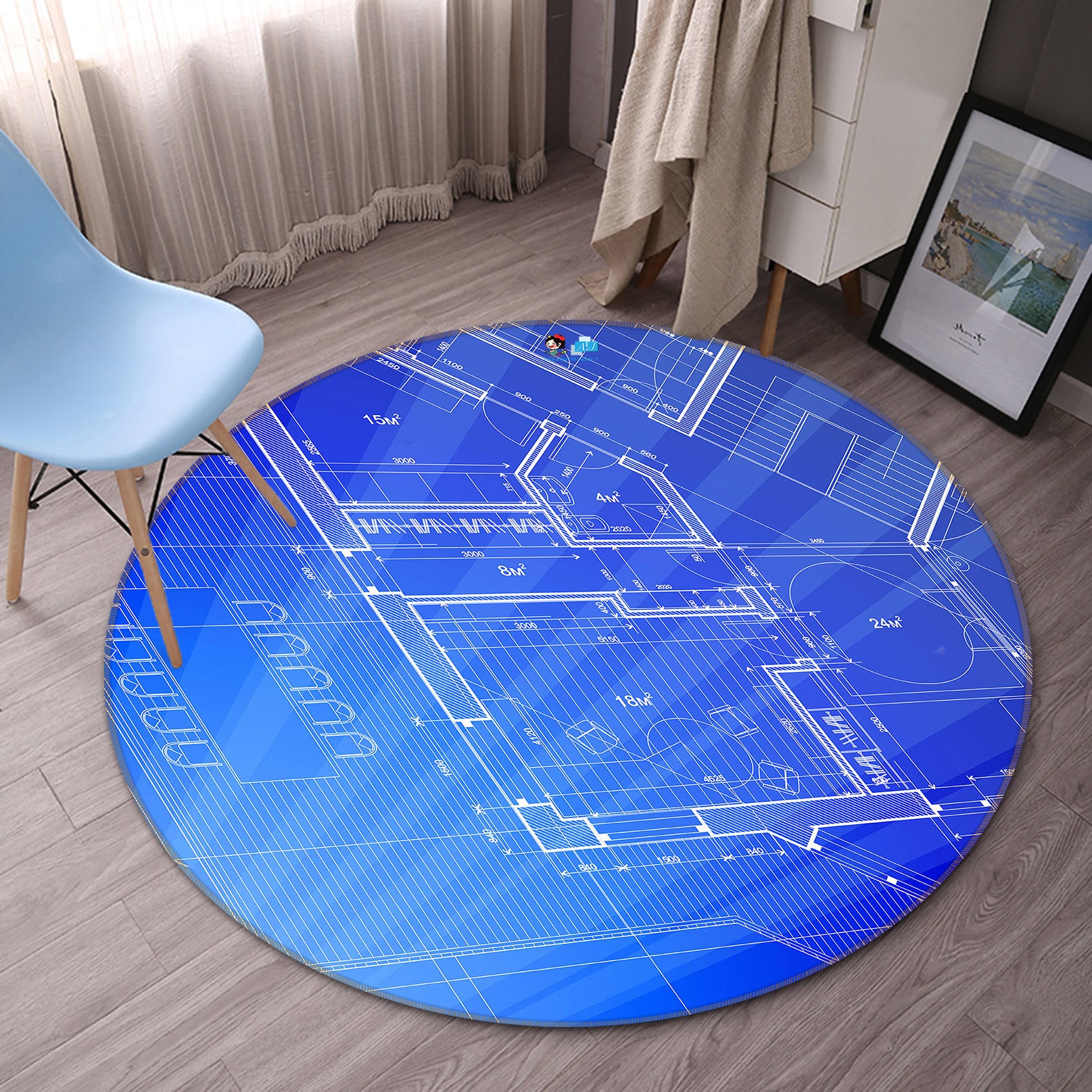 3D Blue Data 74119 Round Non Slip Rug Mat