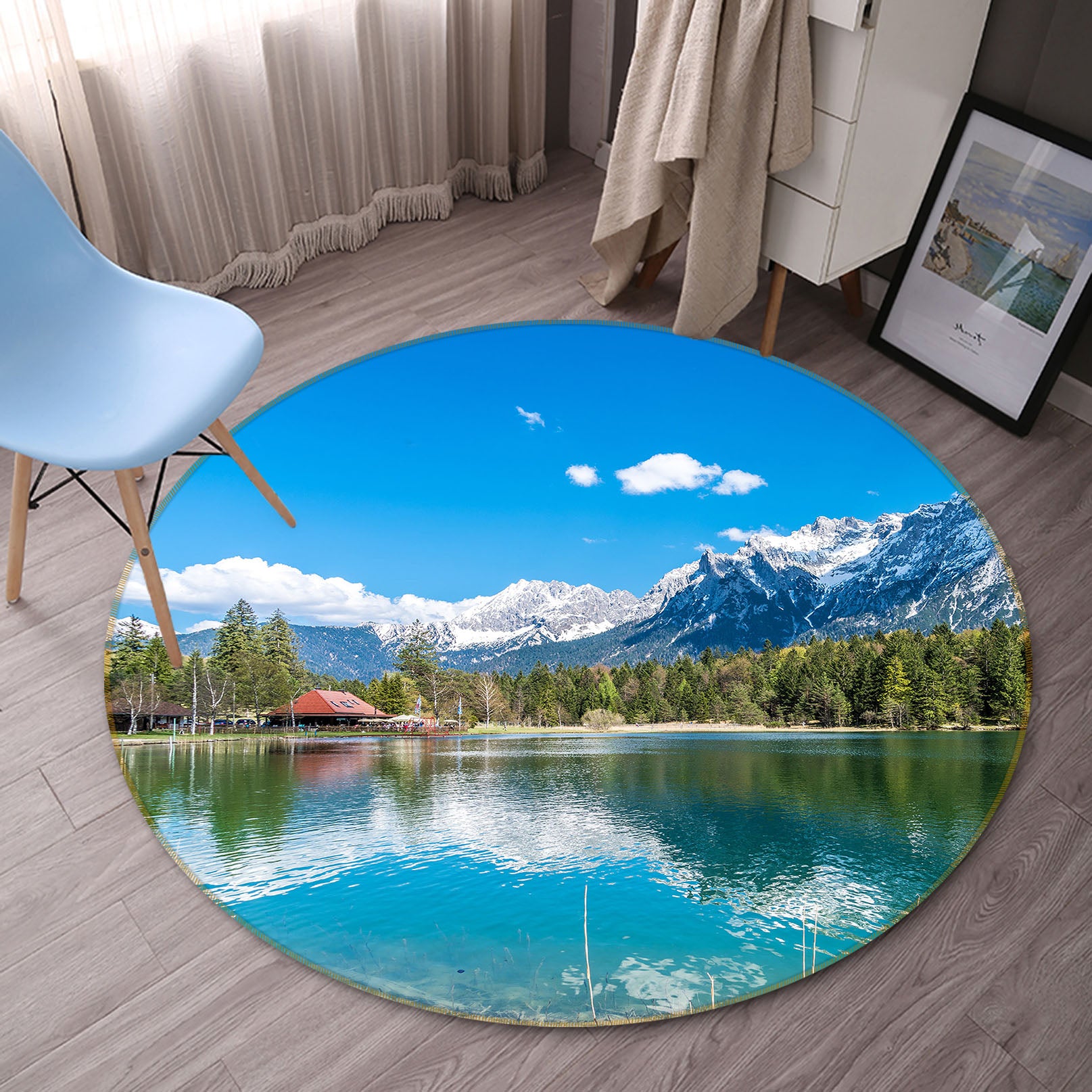 3D Snow Mountain Lake 71190 Round Non Slip Rug Mat