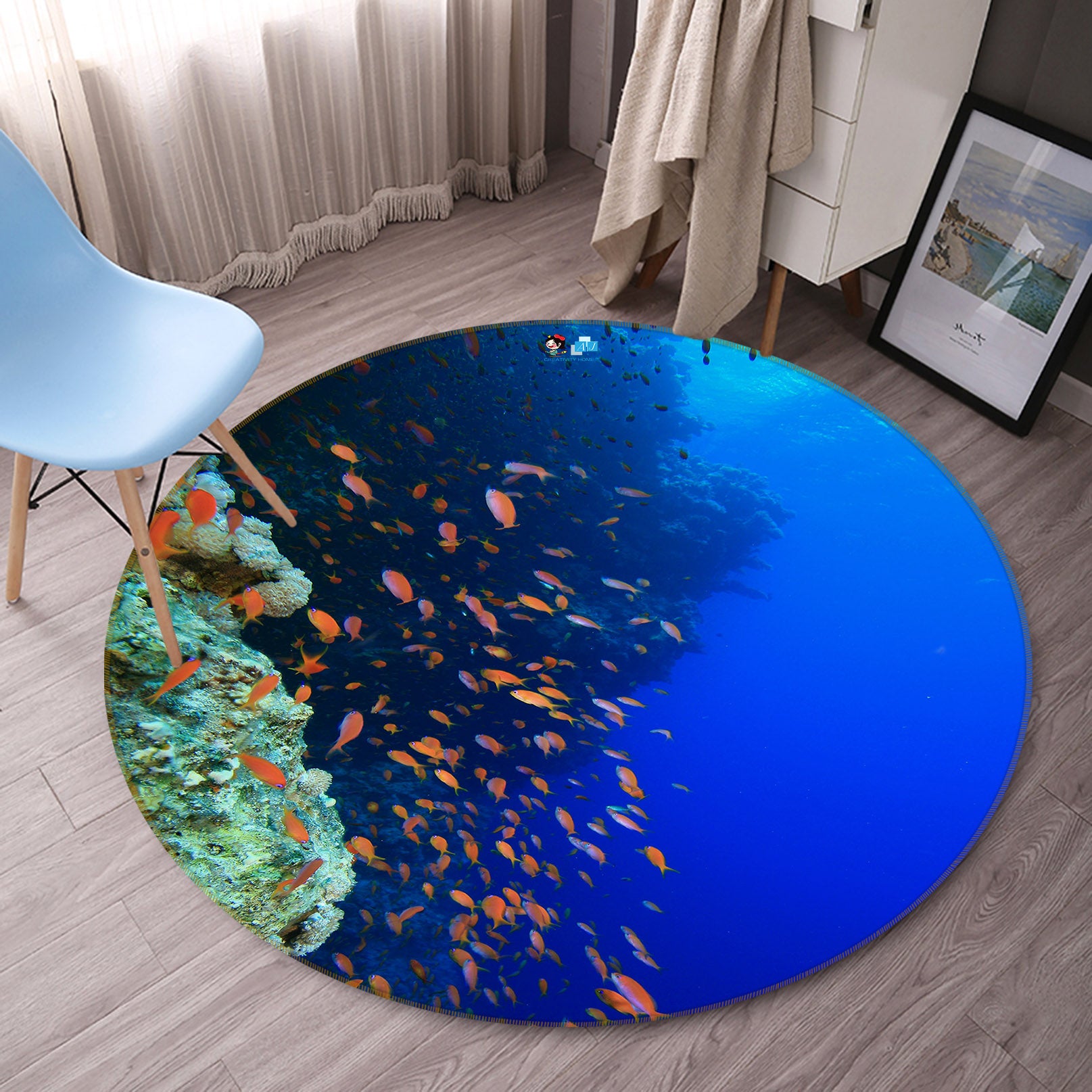 3D Seabed Fish 69147 Round Non Slip Rug Mat