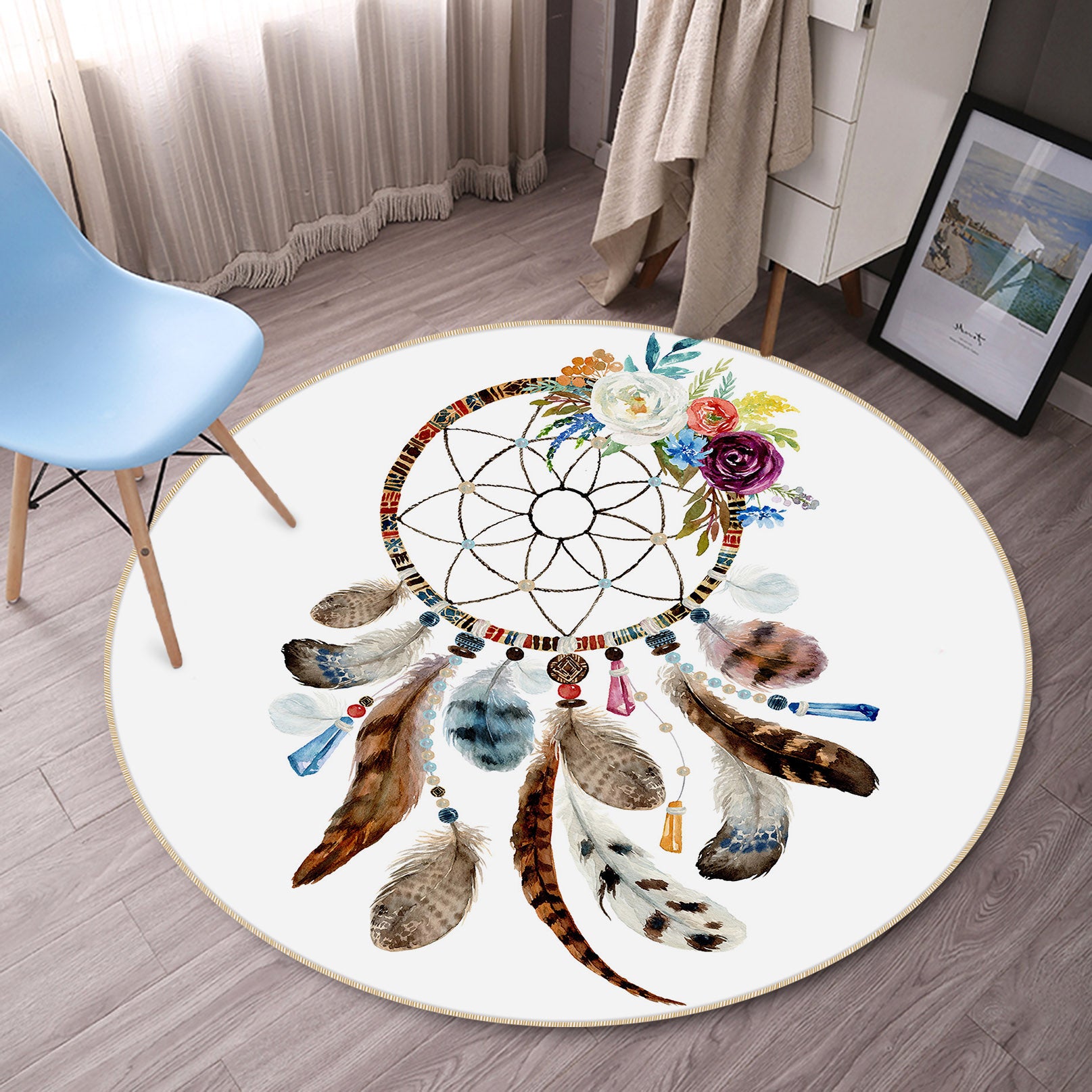 3D Dream Catcher Feather 29071 Round Non Slip Rug Mat