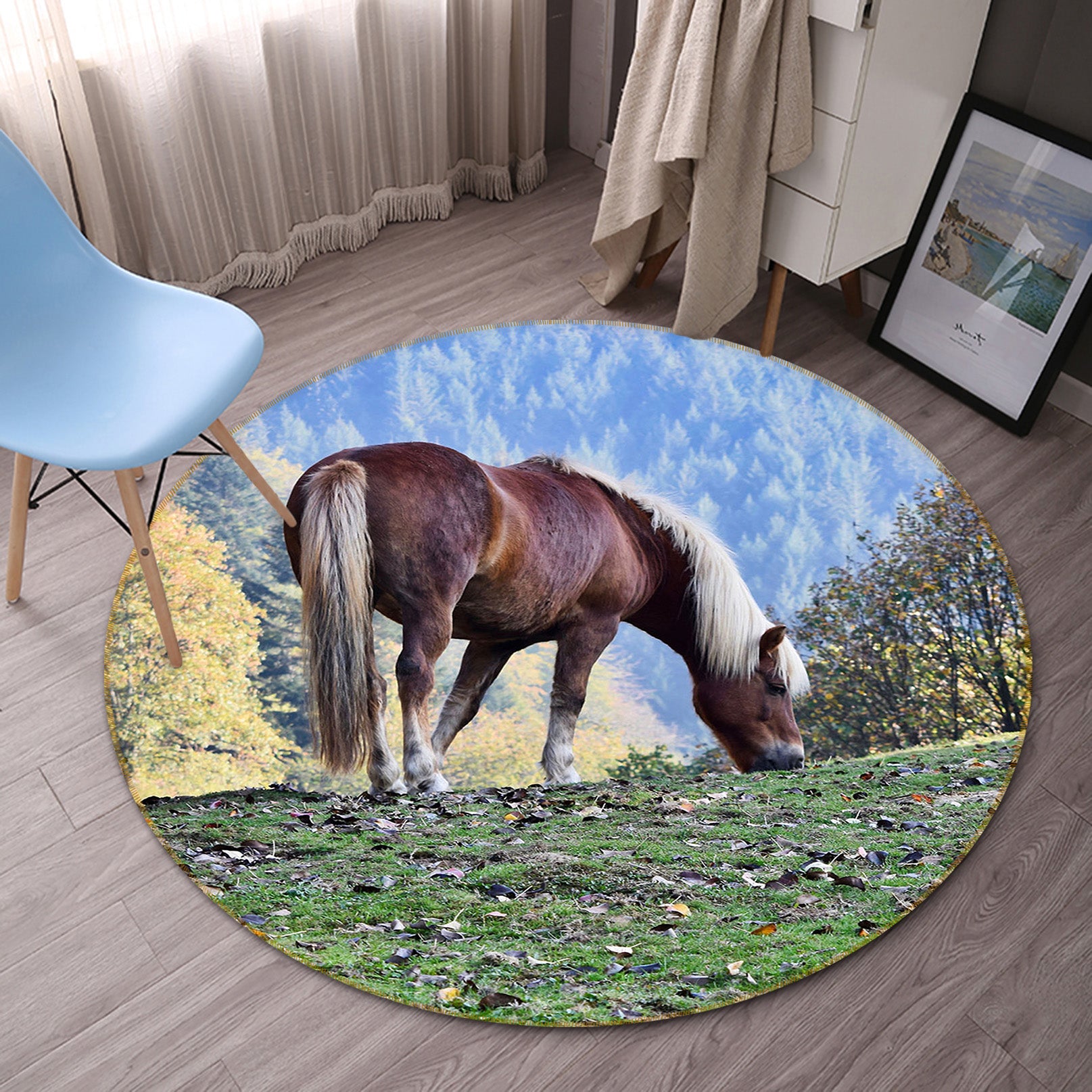 3D Horse Eating Grass 82230 Animal Round Non Slip Rug Mat