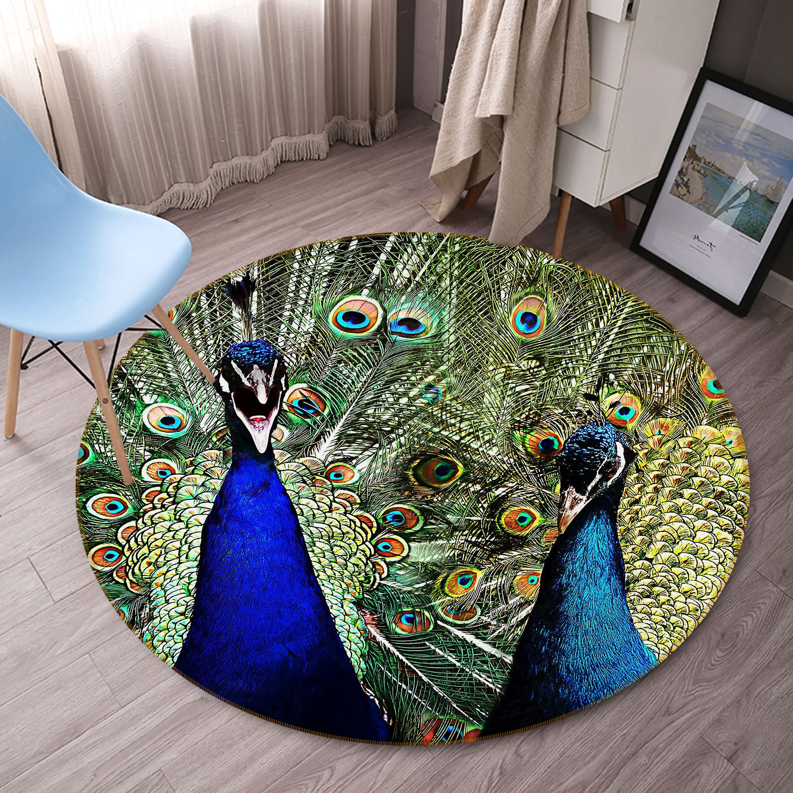 3D Two Peacocks 82022 Animal Round Non Slip Rug Mat
